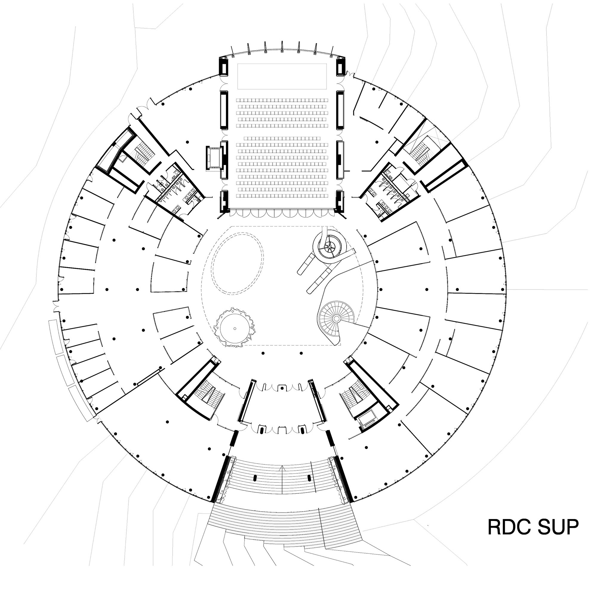 Floor plan drawing showing circular building with central atrium and radiating laboratory wings