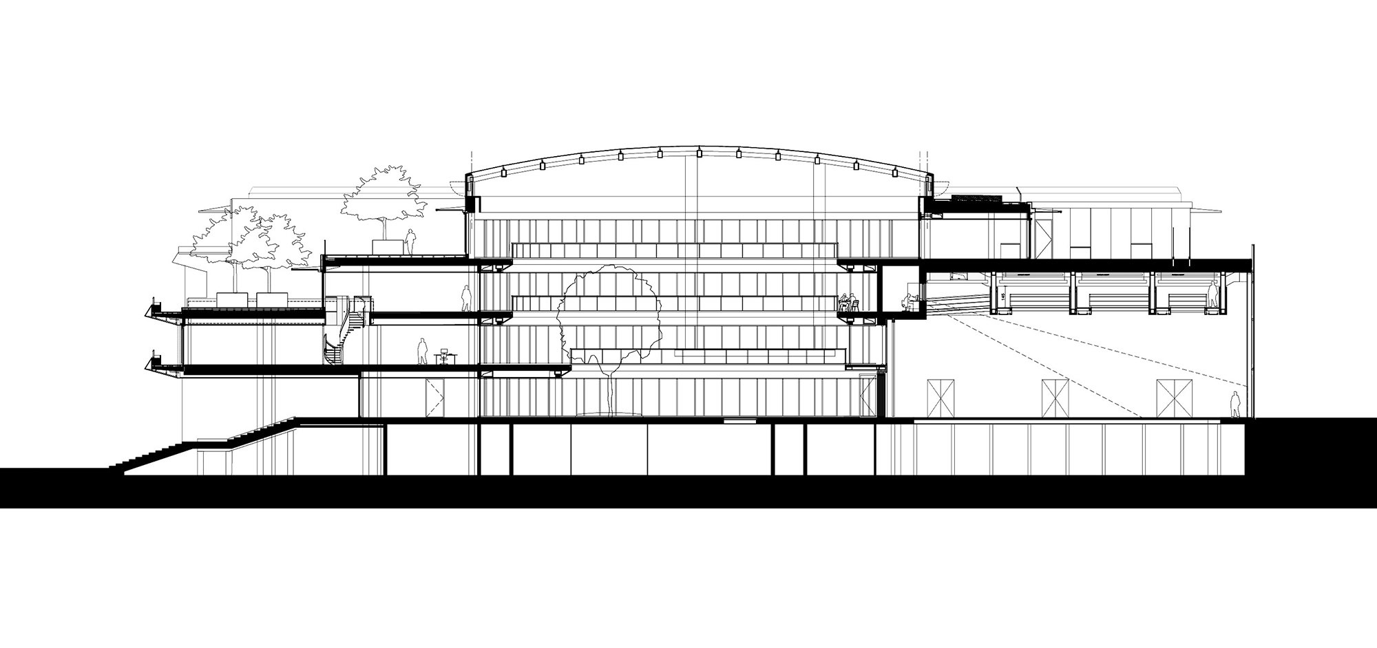 Section drawing showing terraced levels with planted roof terraces beneath a central arched skylight