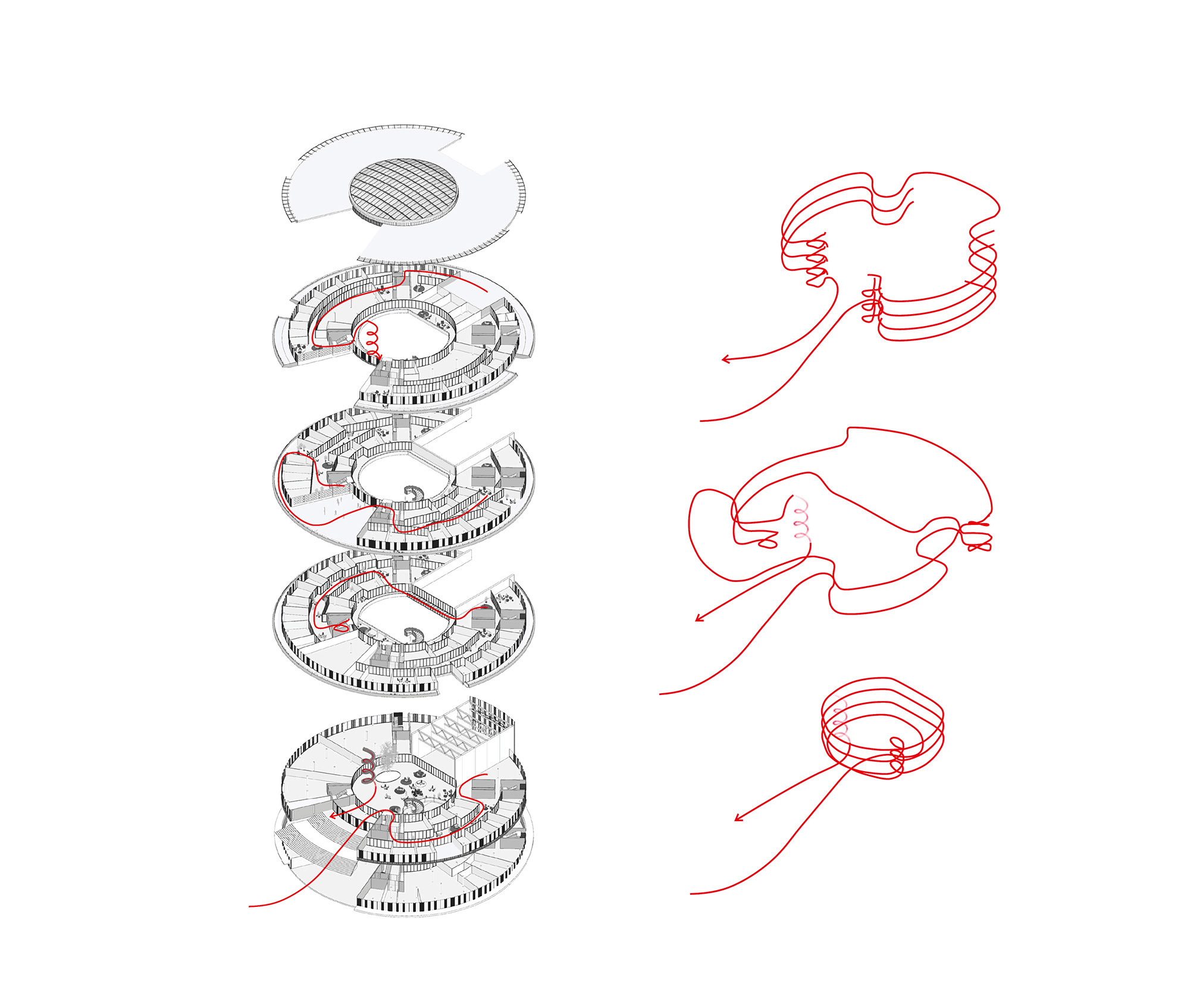 Exploded axonometric drawing showing stacked circular floor plates with red airflow diagrams indicating ventilation paths