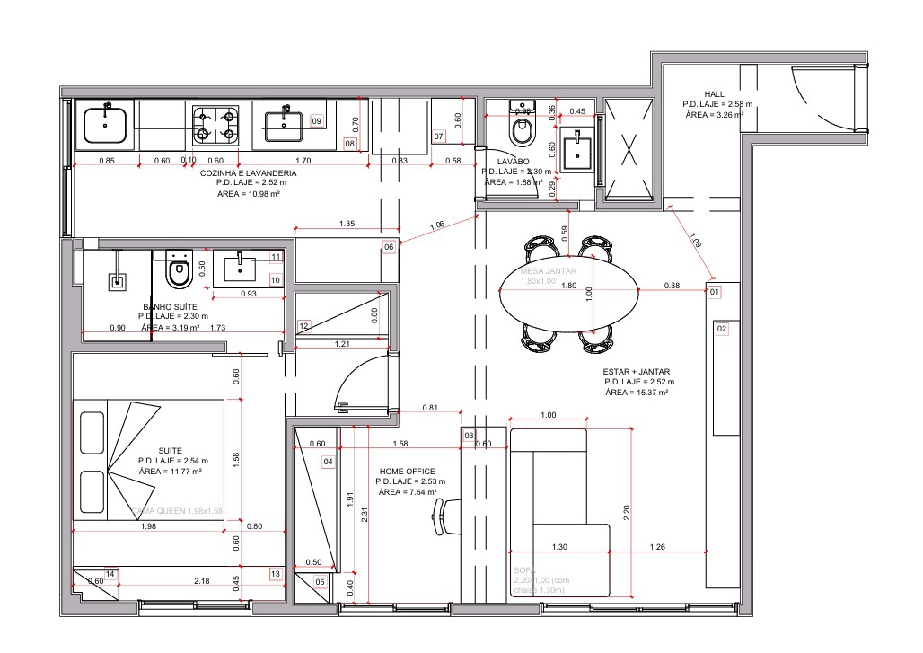 Floor plan drawing showing apartment layout with suite, kitchen, dining area and bathrooms