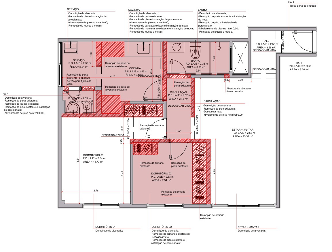 Annotated floor plan drawing with red highlights indicating demolition and renovation zones