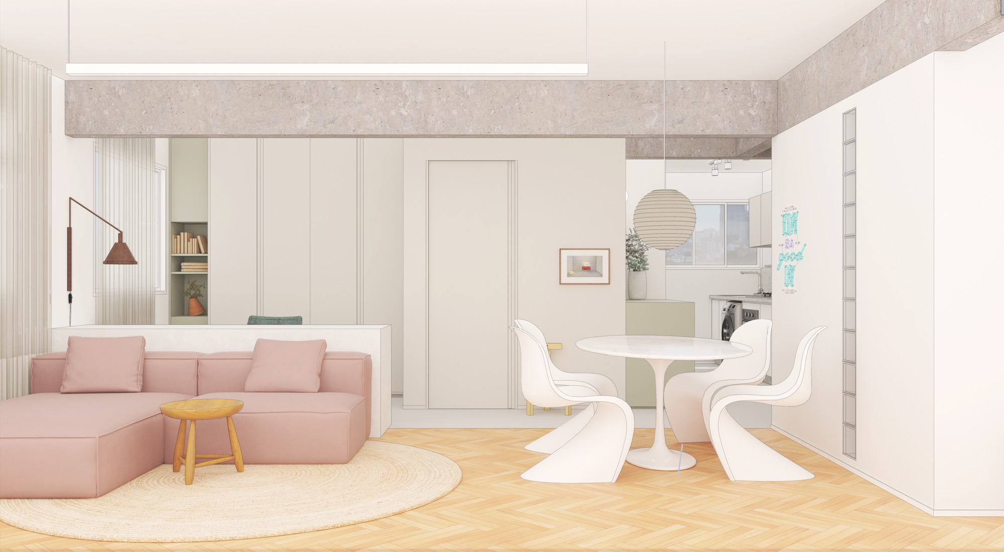 This architectural image showcases a modern and minimalist interior design with an open floor plan. The space features a pink sofa, a round dining table with wh