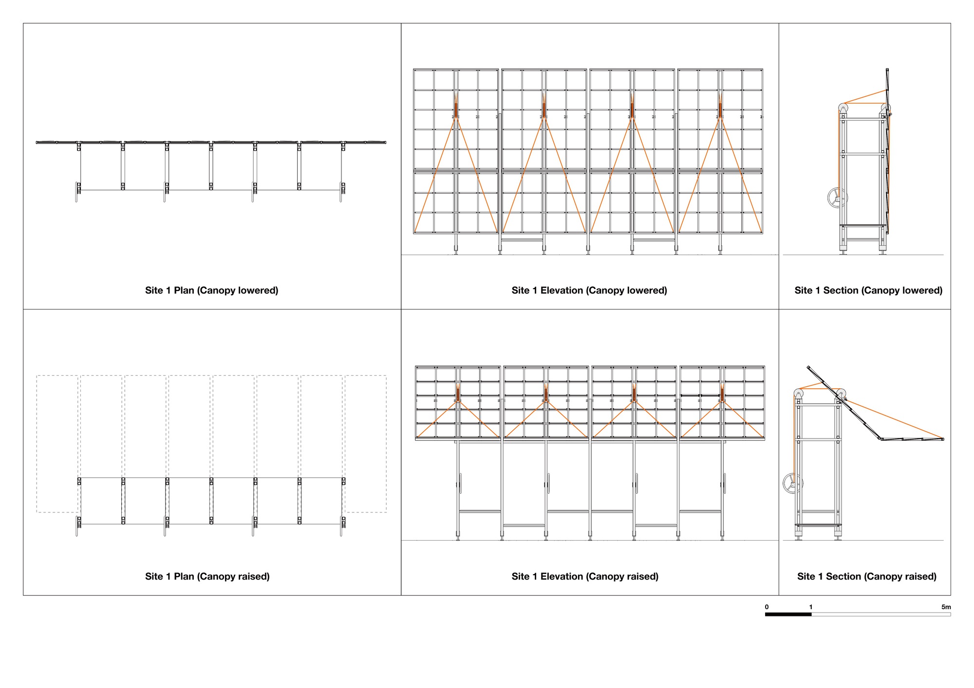 Plan, elevation and section drawings of the canopy system in lowered and raised positions