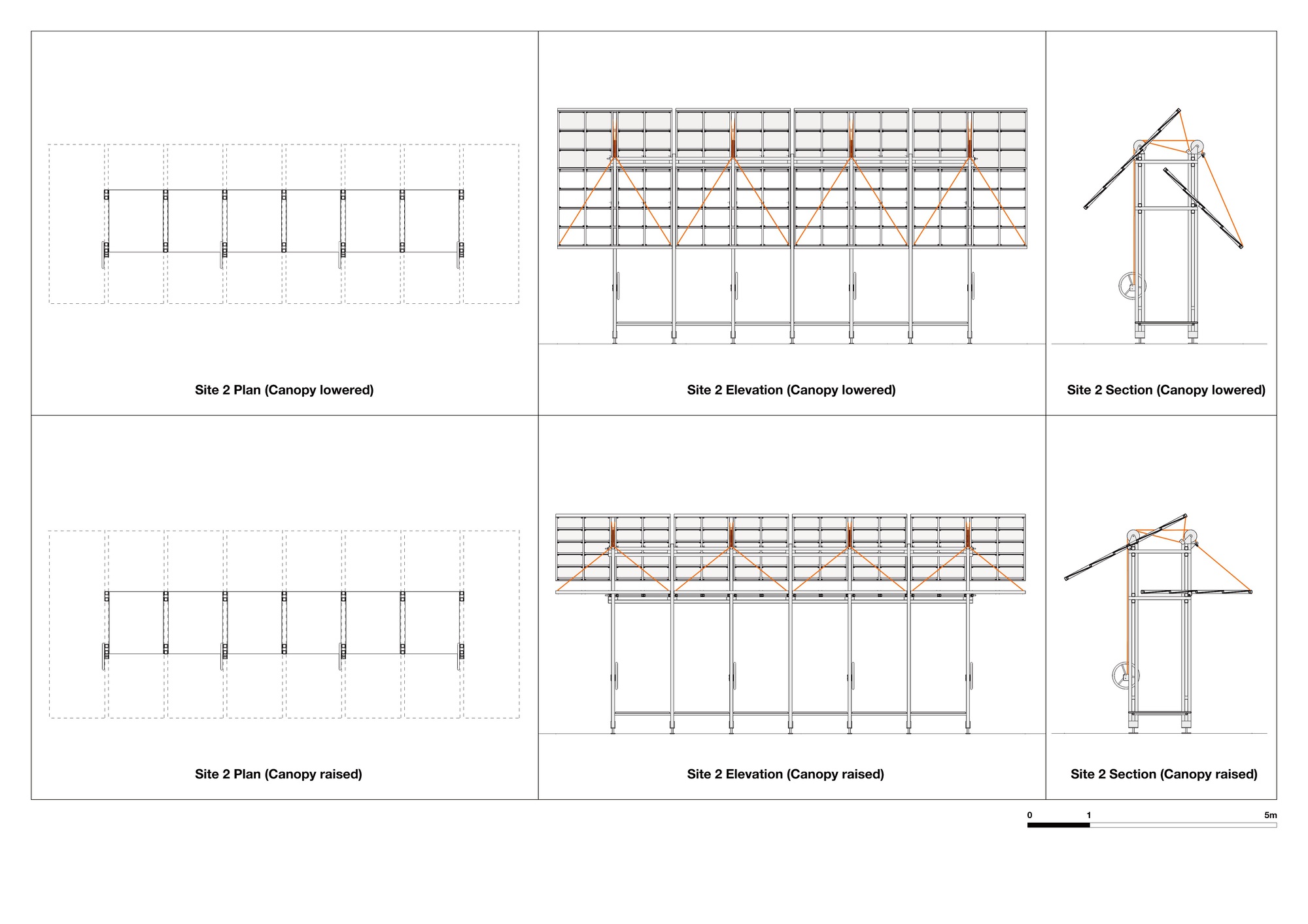 Plan, elevation and section drawings showing the canopy structure in raised and lowered positions