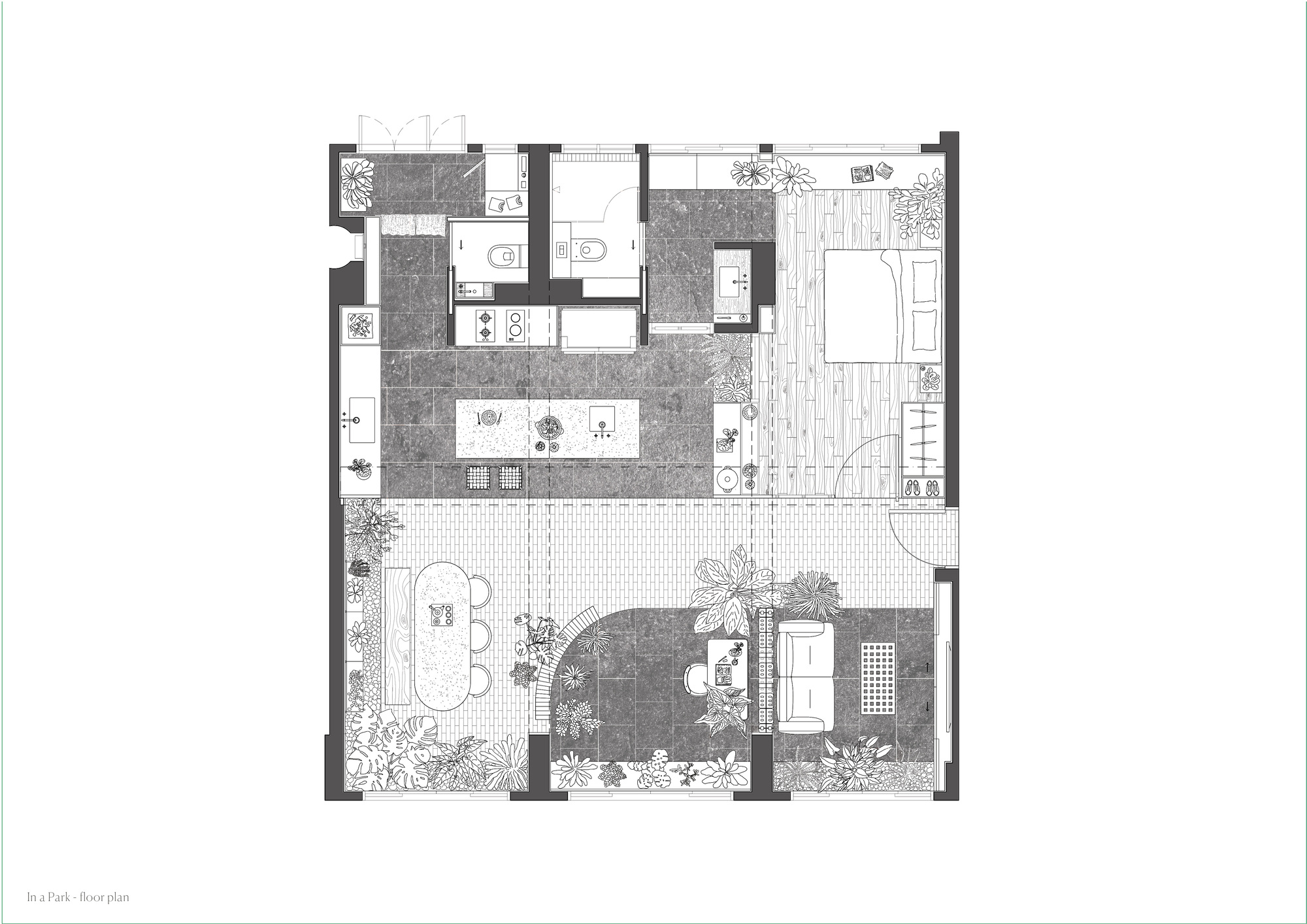 Floor plan drawing showing bedroom, bathroom, kitchen and courtyard with planted areas and brick features