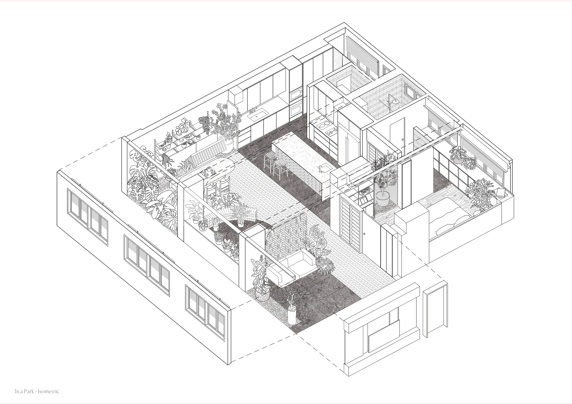 Isometric drawing showing a dwelling with central courtyard, planted terraces and interior rooms