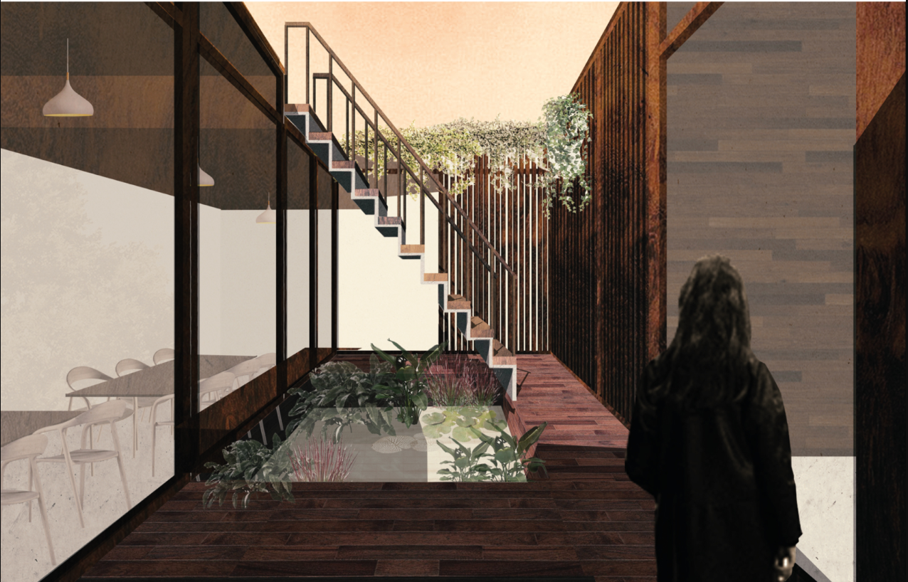 A light-filled courtyard creates a calm and protected atmosphere within the compact parasitic structure.
