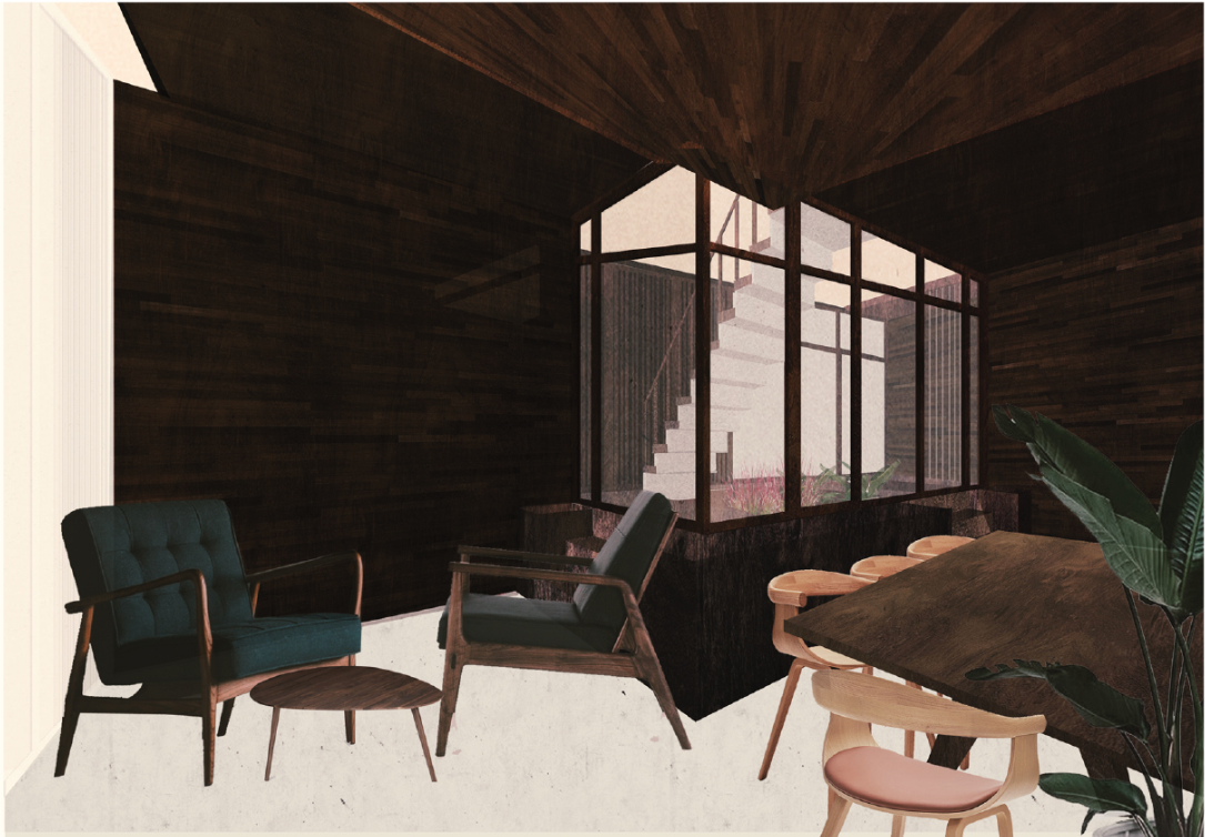 Warm timber interiors and framed courtyard views encourage community interaction within the conference space.