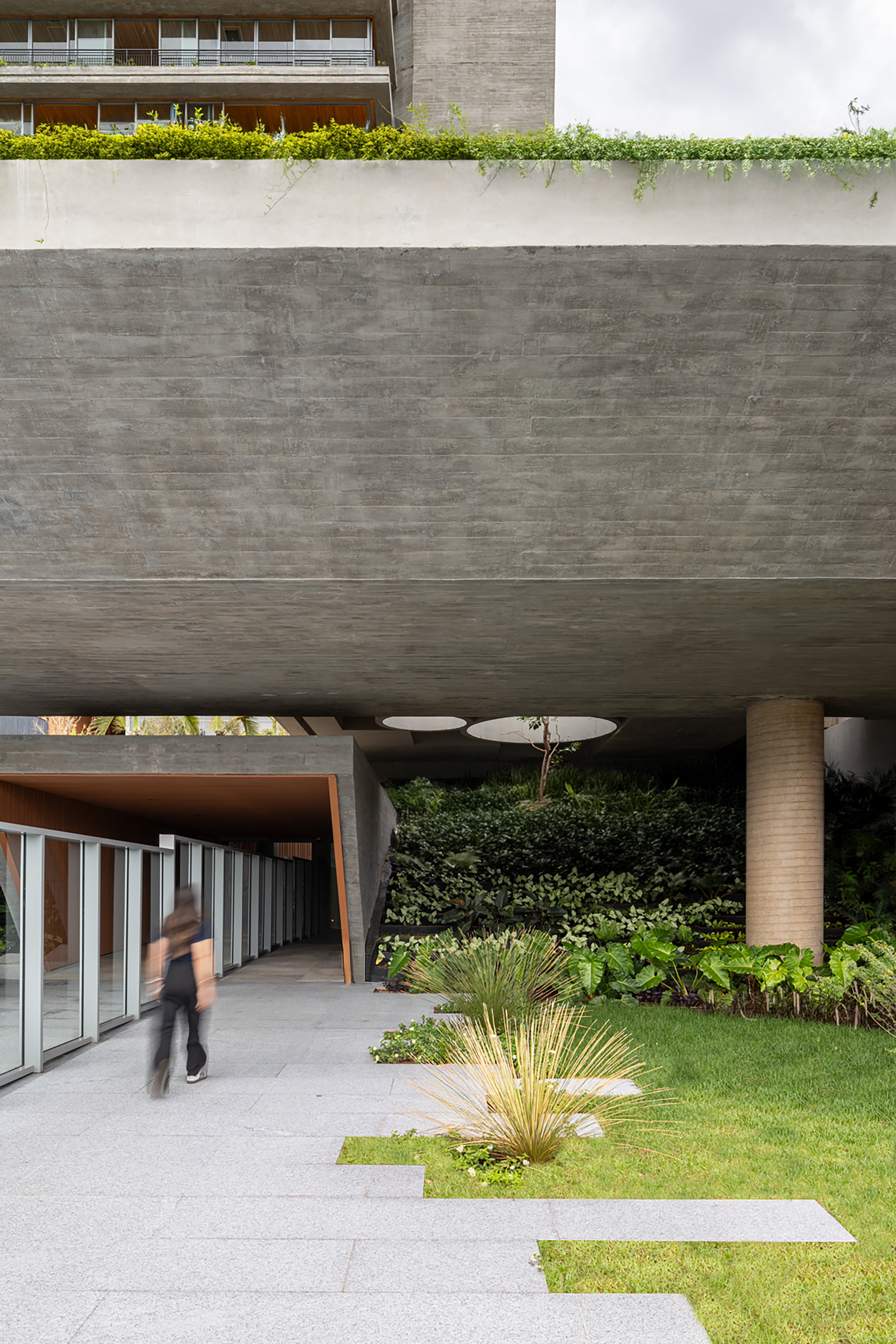 Board-formed concrete soffit above entry with figure walking past planted courtyard and timber screens