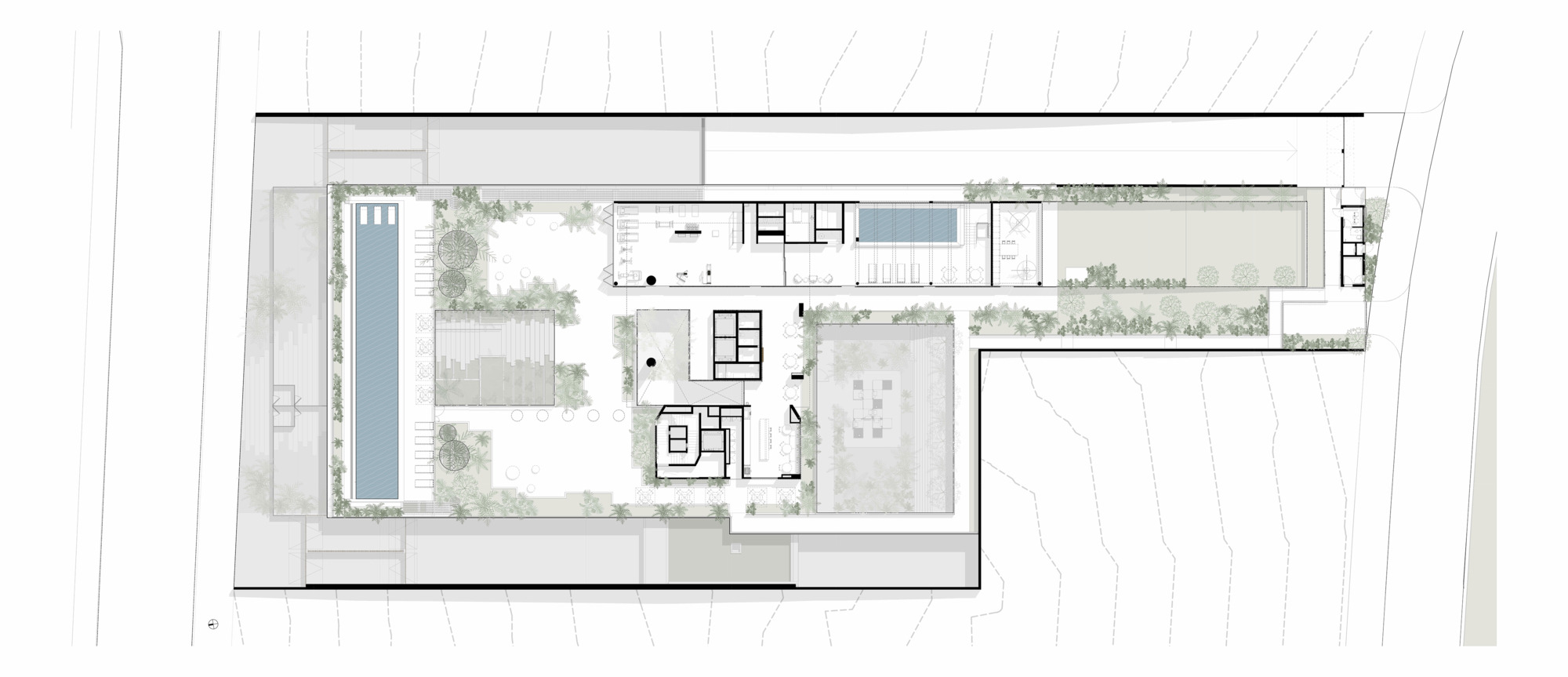 Site plan with linear pool garden and perimeter planted zones along the street edge