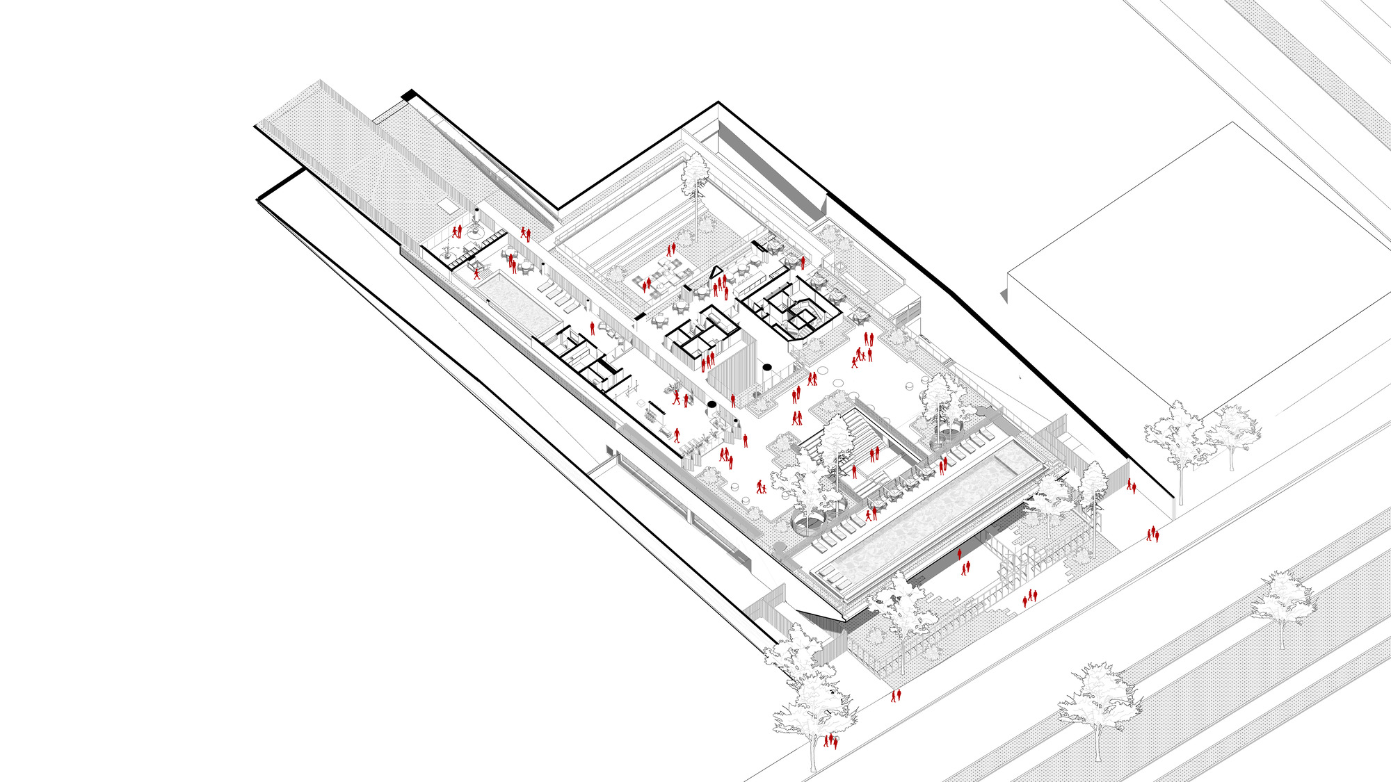 Axonometric drawing showing interior courtyards with figures and trees in sunken planted areas