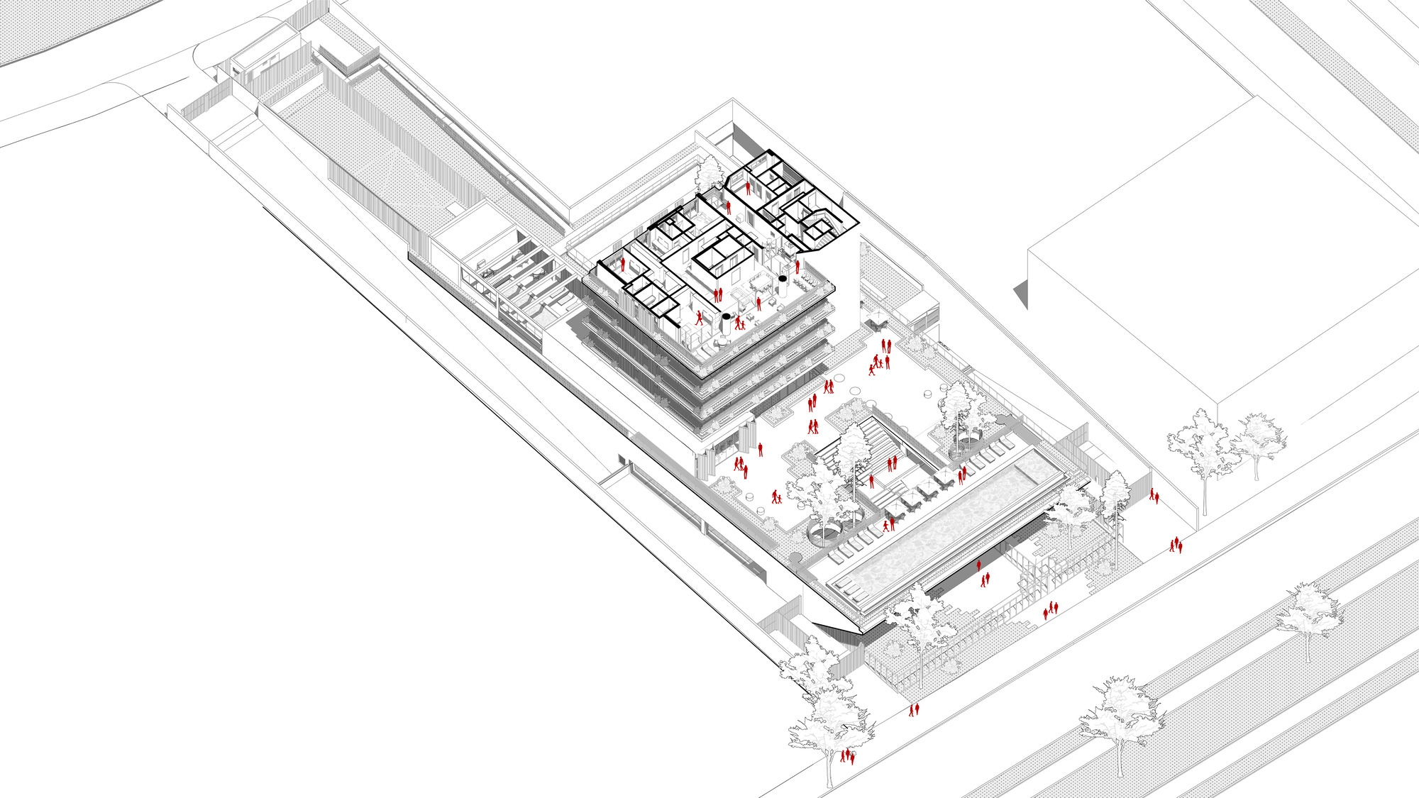 Axonometric view revealing the layered floors above a podium with garden courtyards and people below