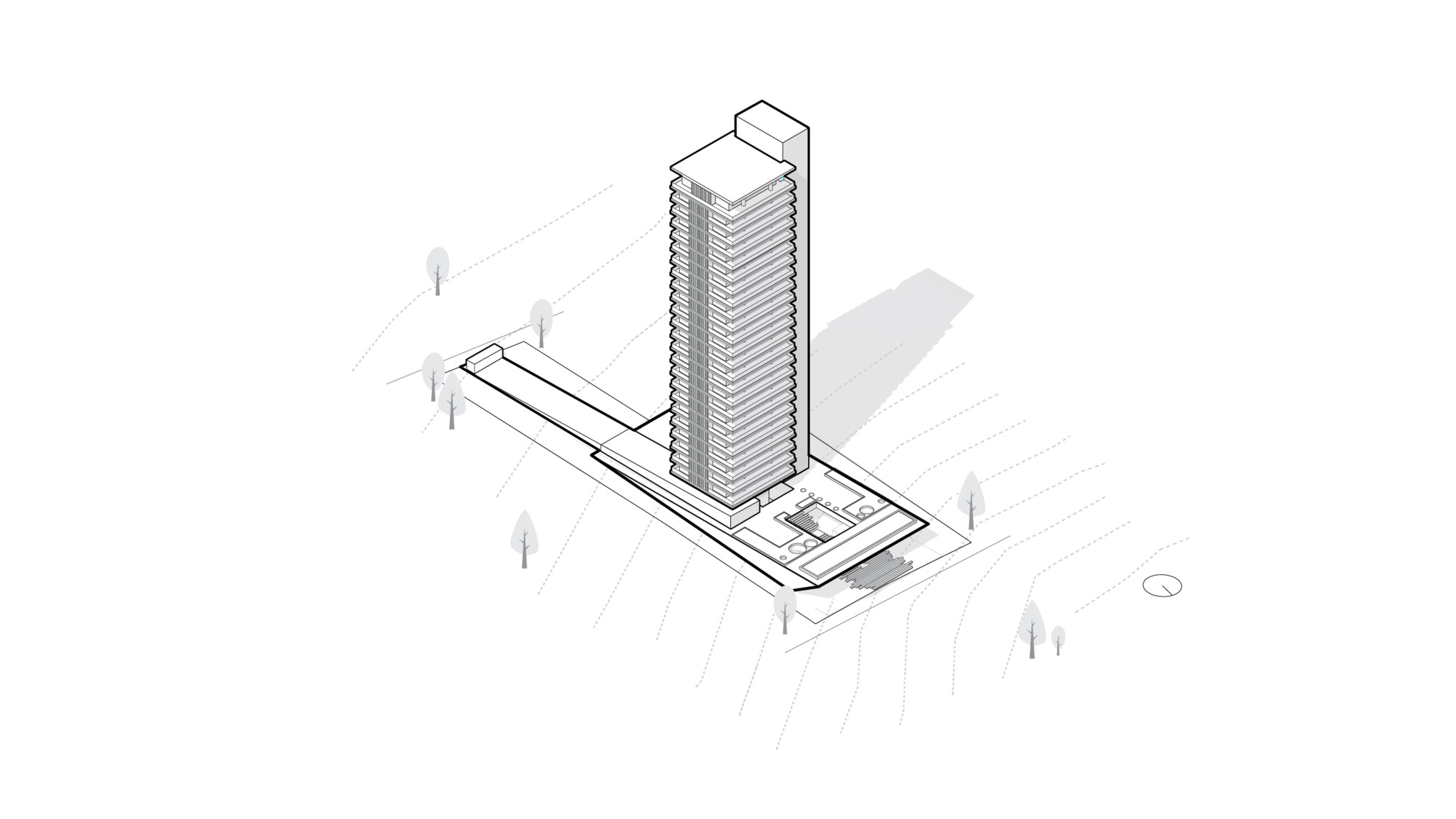 Isometric drawing of a tower rising from a horizontal podium with landscaped surroundings