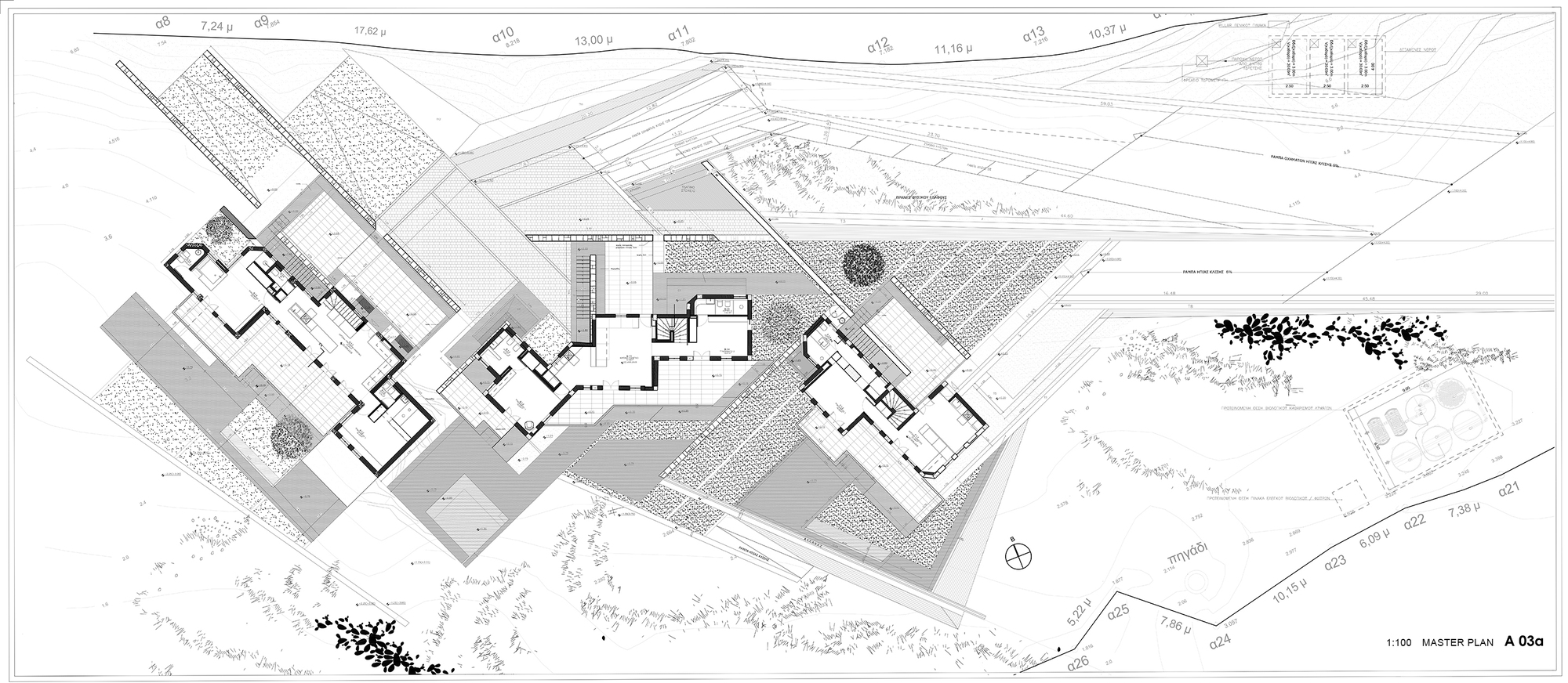 Site plan drawing showing three residential volumes arranged along a sloping terrain with landscaping