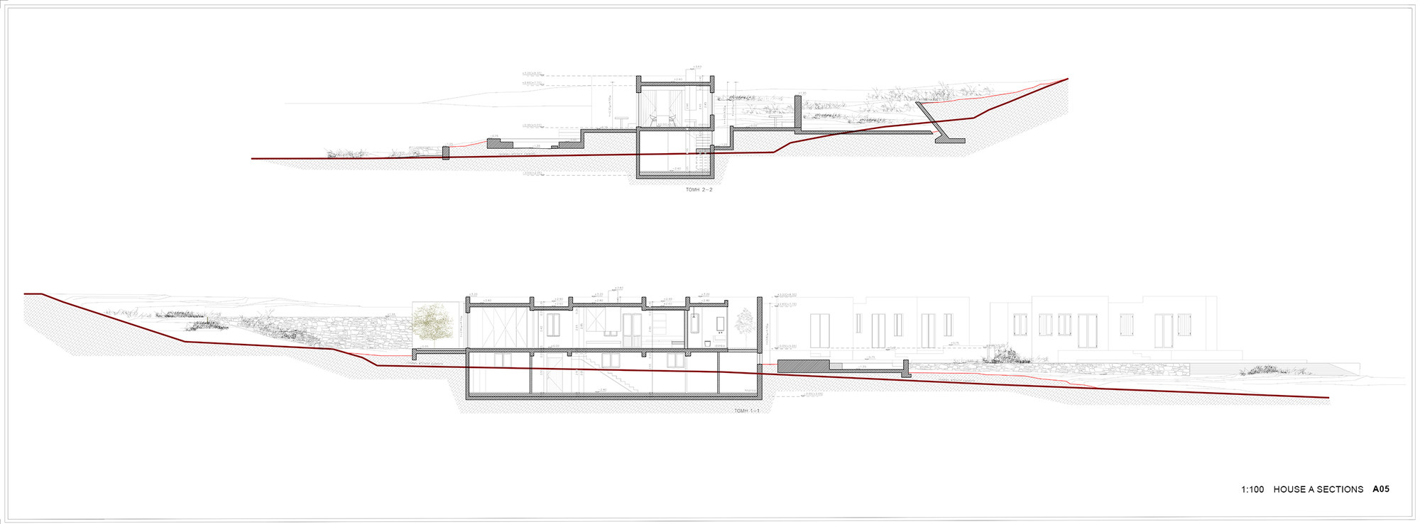 Section drawing showing two levels of the structure set into the sloping grade