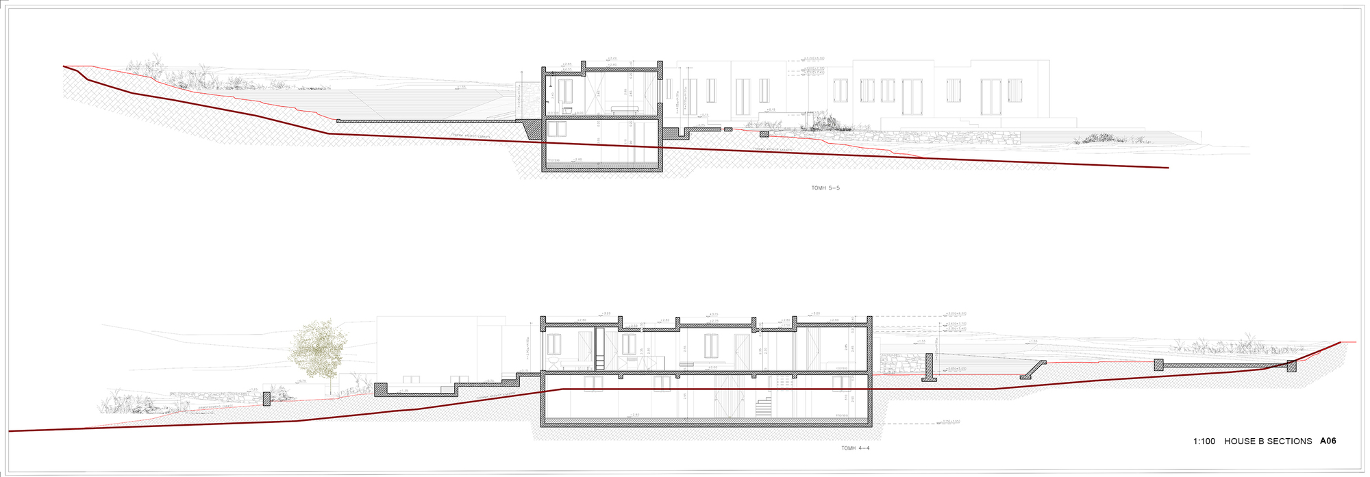 Section drawing showing the building embedded in the hillside with trees in the landscape