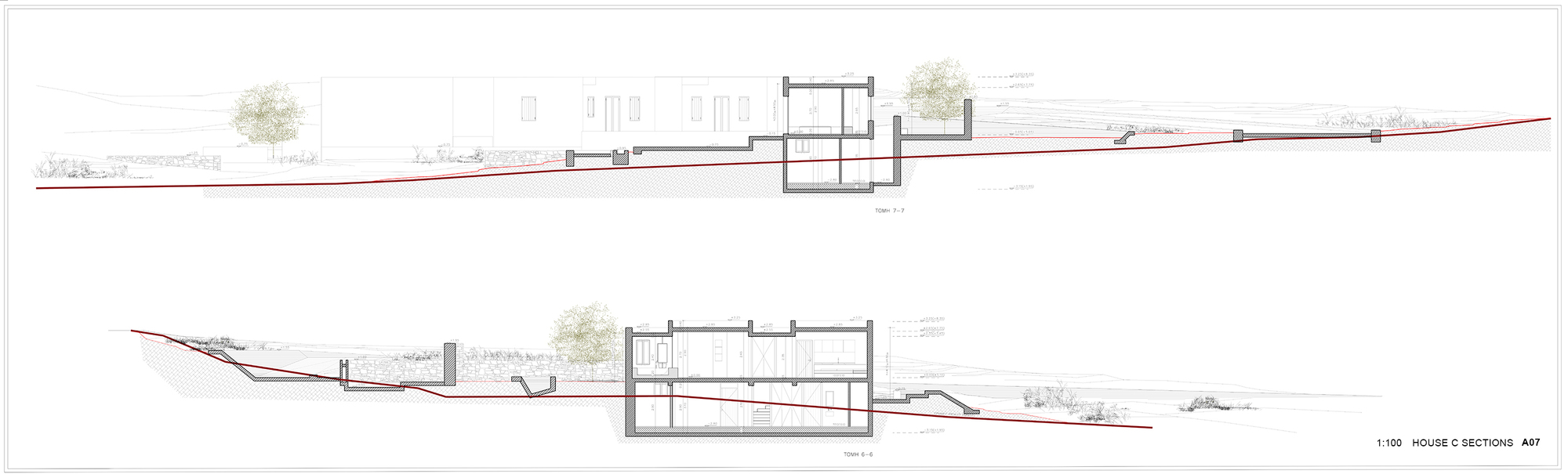 Section drawing showing the relationship between interior floors and the descending terrain outside
