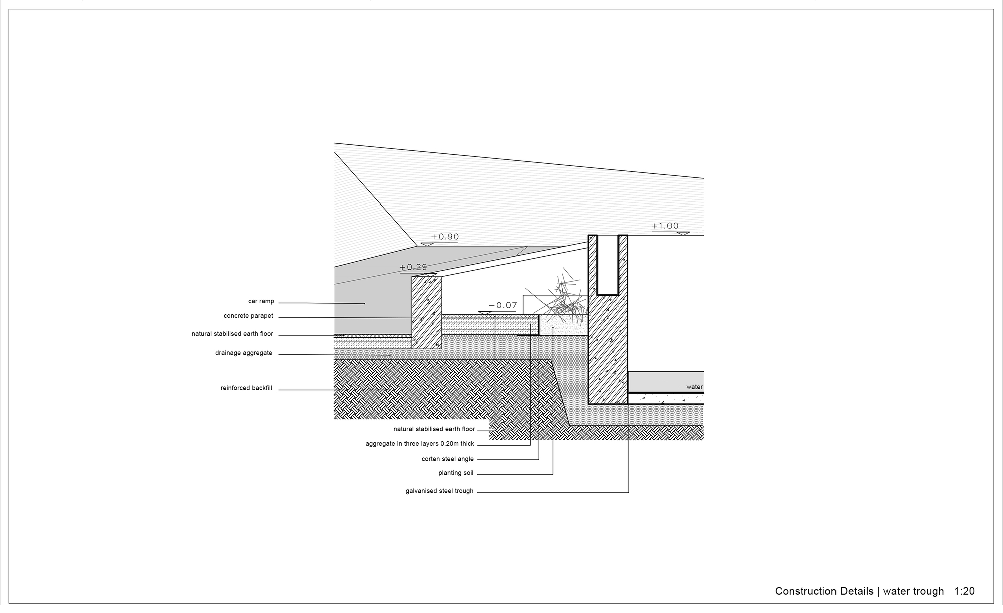 Construction detail section drawing showing water trough assembly with concrete parapet and drainage aggregate layers