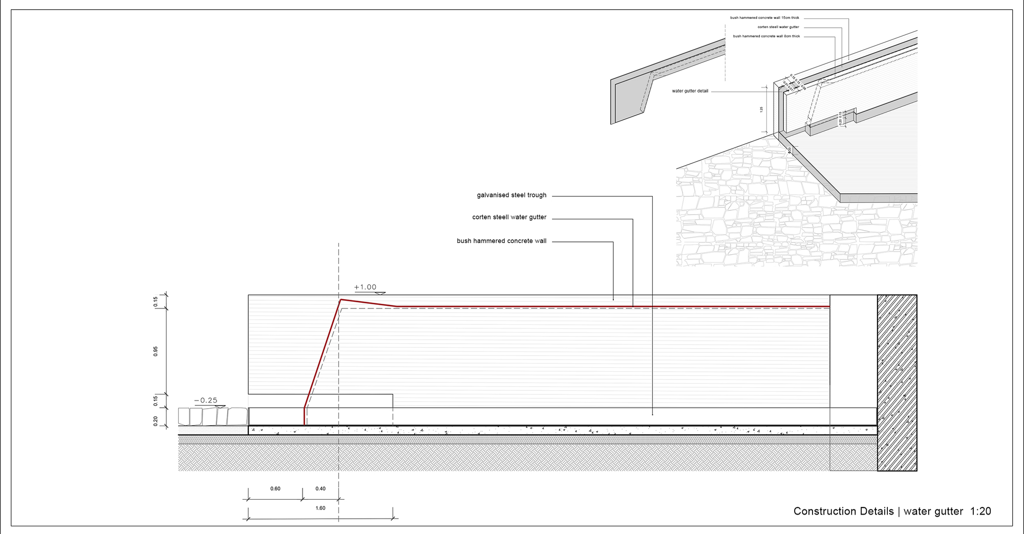 Construction detail section drawing showing water gutter detail with steel trough and handmade concrete wall