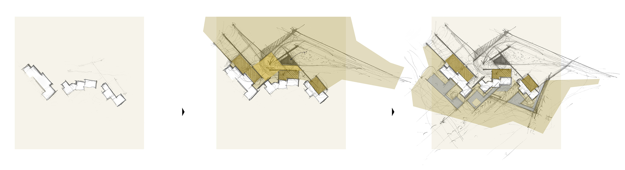 Axonometric drawing sequence showing three stages of roof form development with massing volumes highlighted in tan