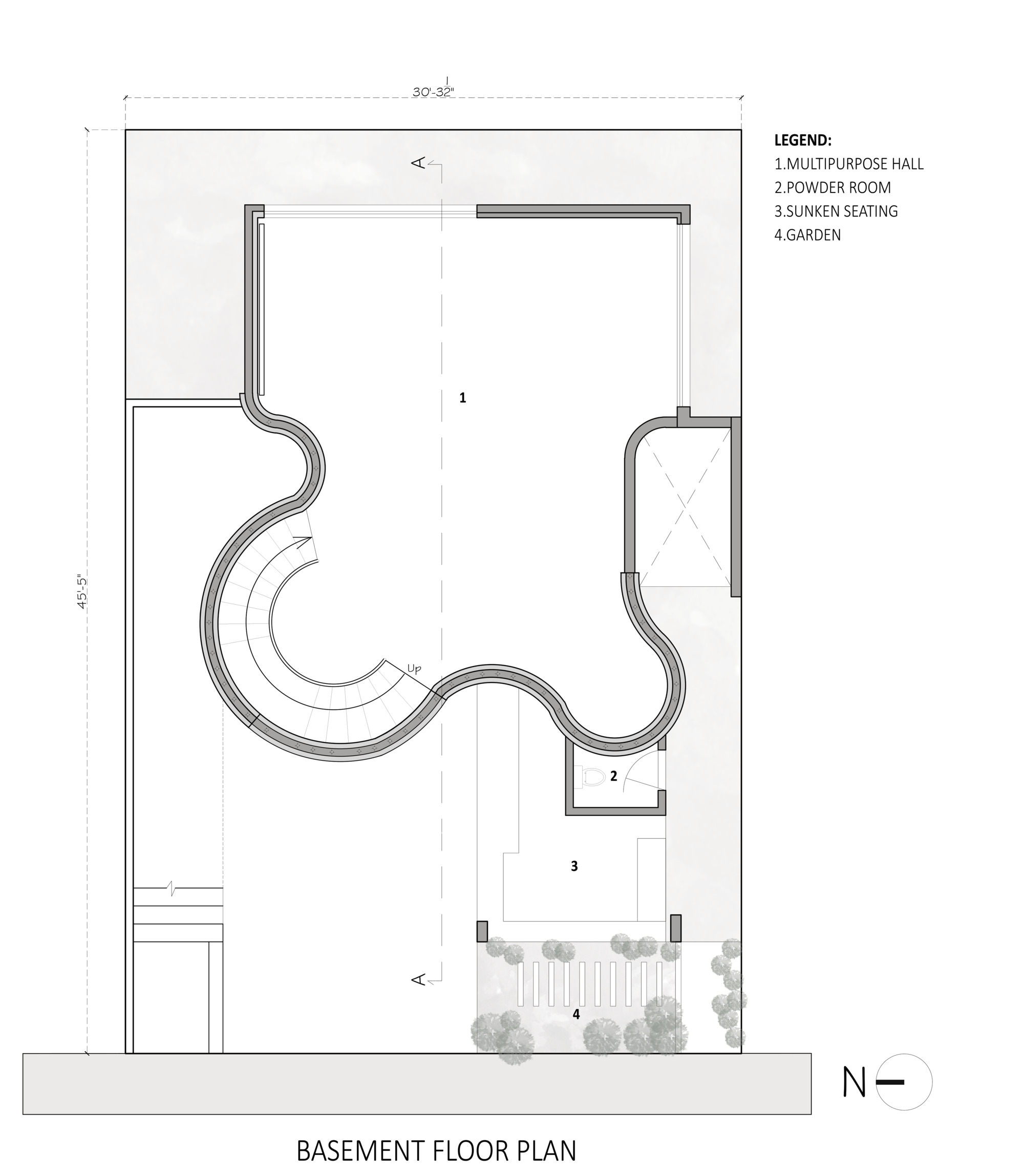 Basement floor plan drawing showing multipurpose hall with curving walls and adjacent garden