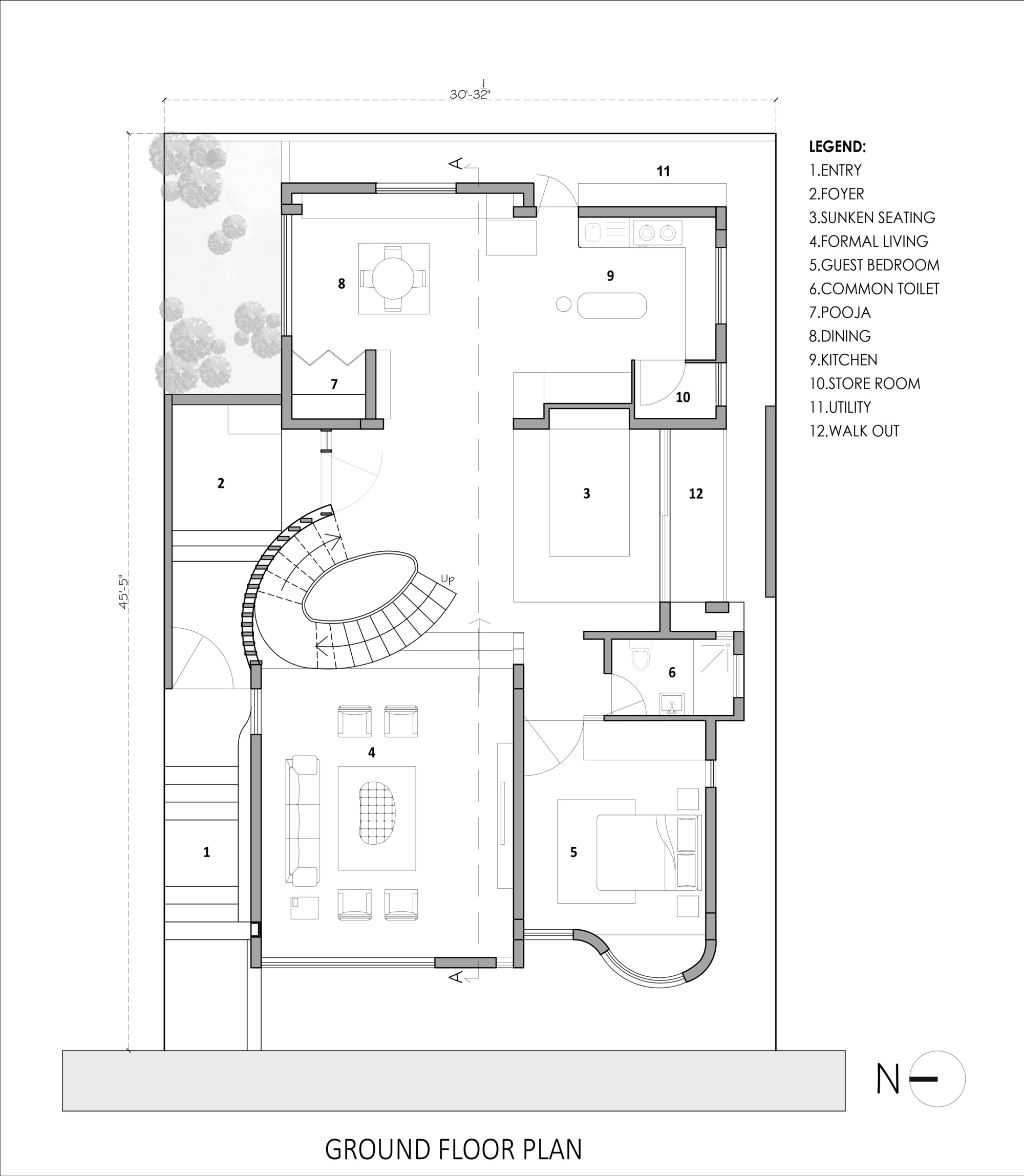 Ground floor plan drawing showing a curved central staircase connecting living spaces and bedrooms