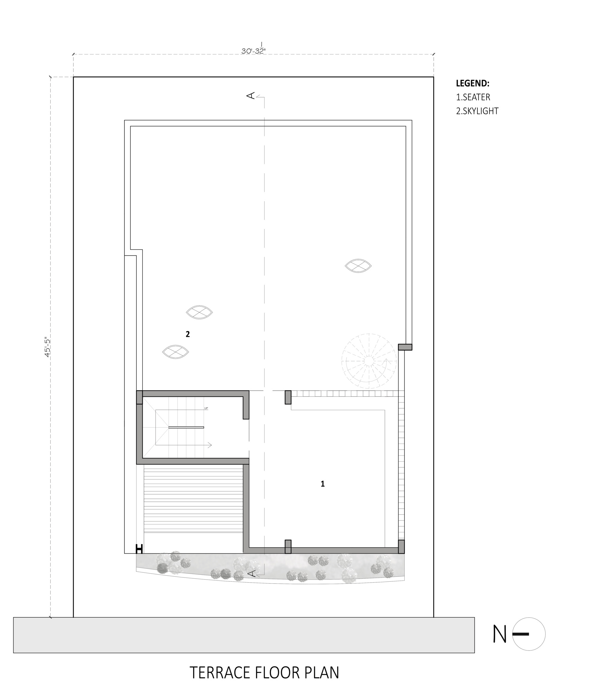 Terrace floor plan drawing showing an open seating area with skylights and terrace deck