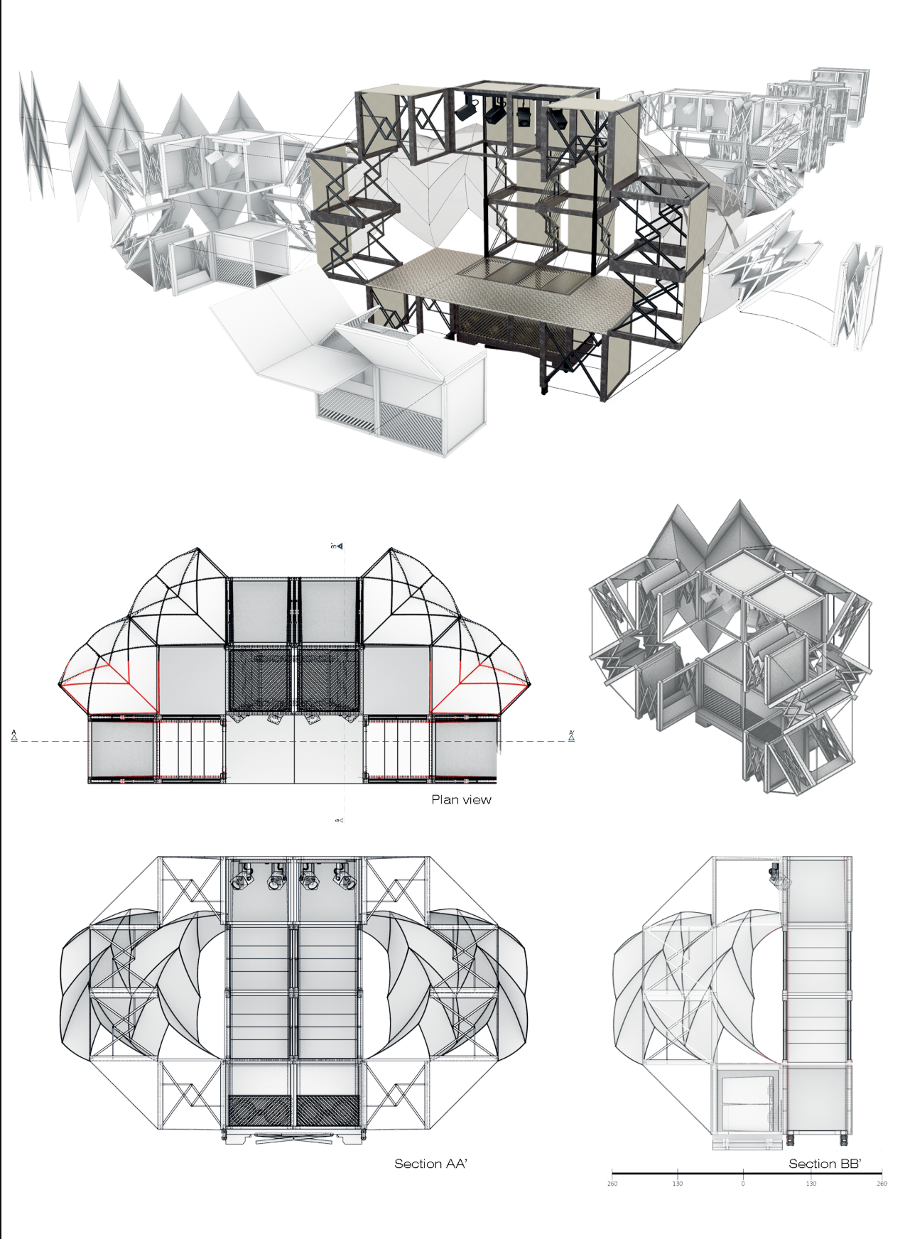 Exploded diagrams reveal the adaptive modular system behind this mobile performance architecture proposal.