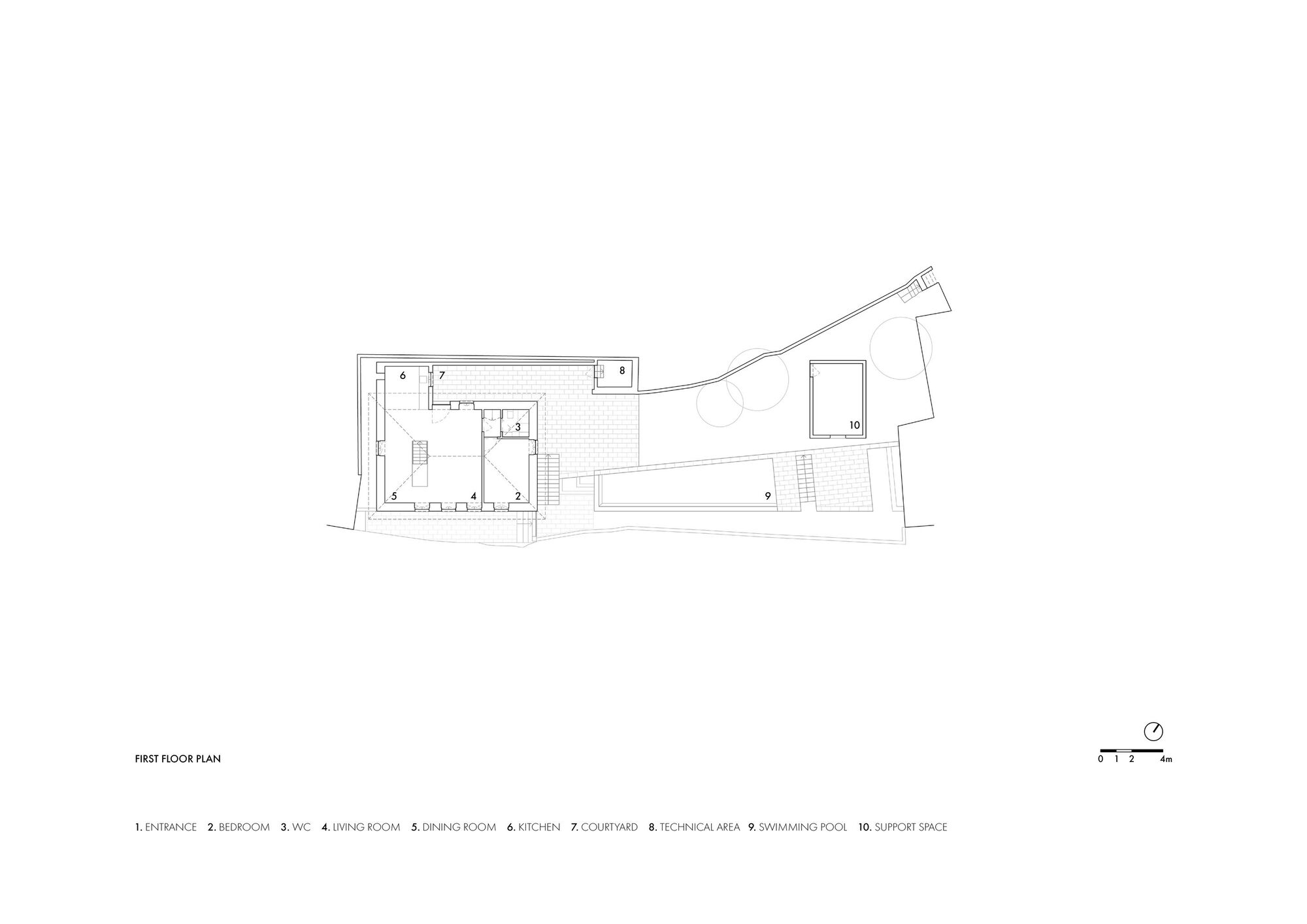 First floor plan drawing showing entrance, bedroom, water closet, living room, dining room and kitchen layout