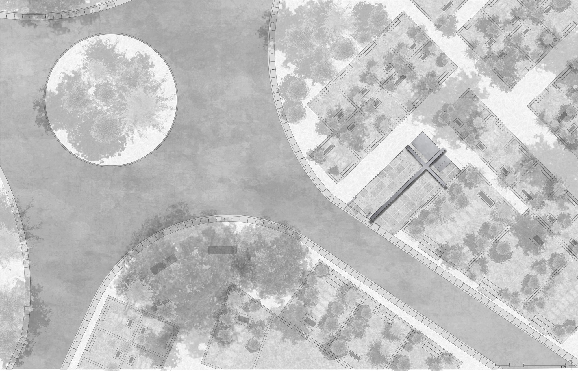Site plan drawing showing circular and curved planted areas with tree canopies among rectilinear building footprints