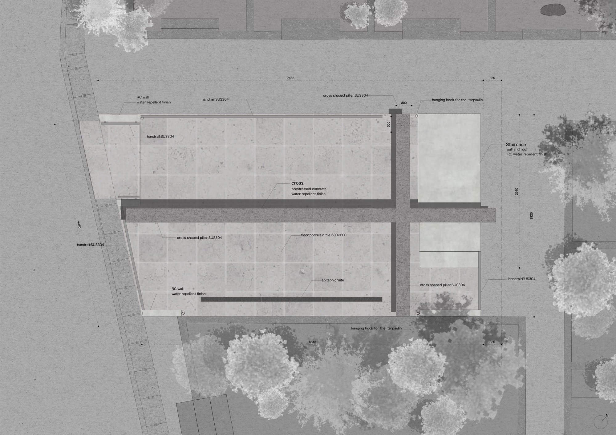 Roof plan drawing with material annotations revealing two rectangular volumes and a courtyard with trees