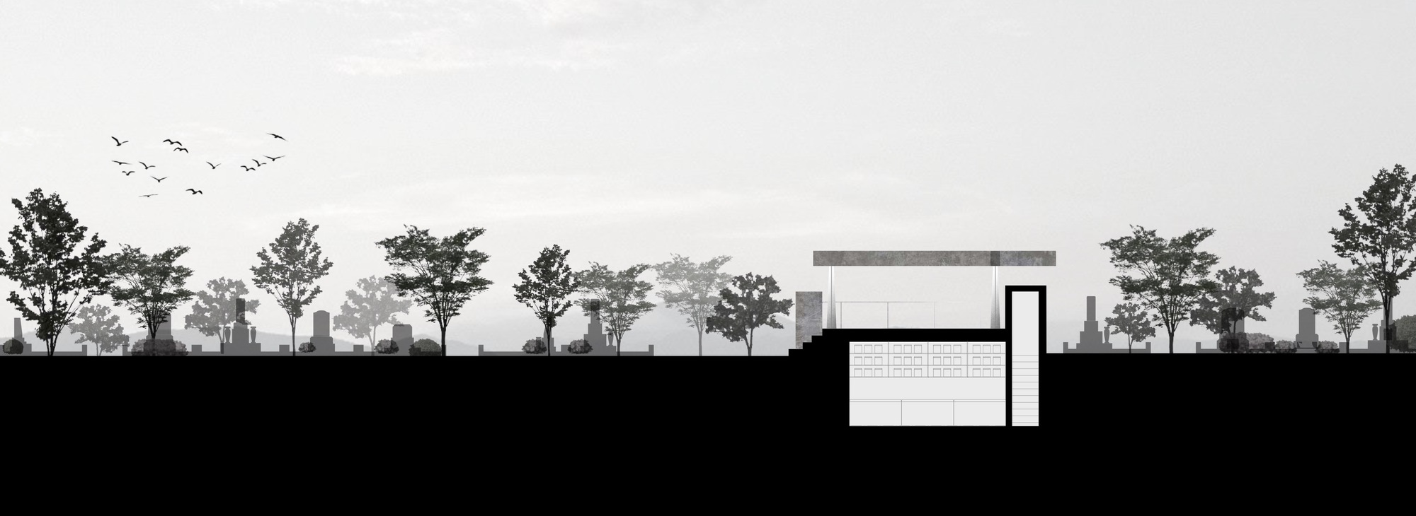 Section drawing showing a partially buried volume beneath a tree line with birds in flight overhead