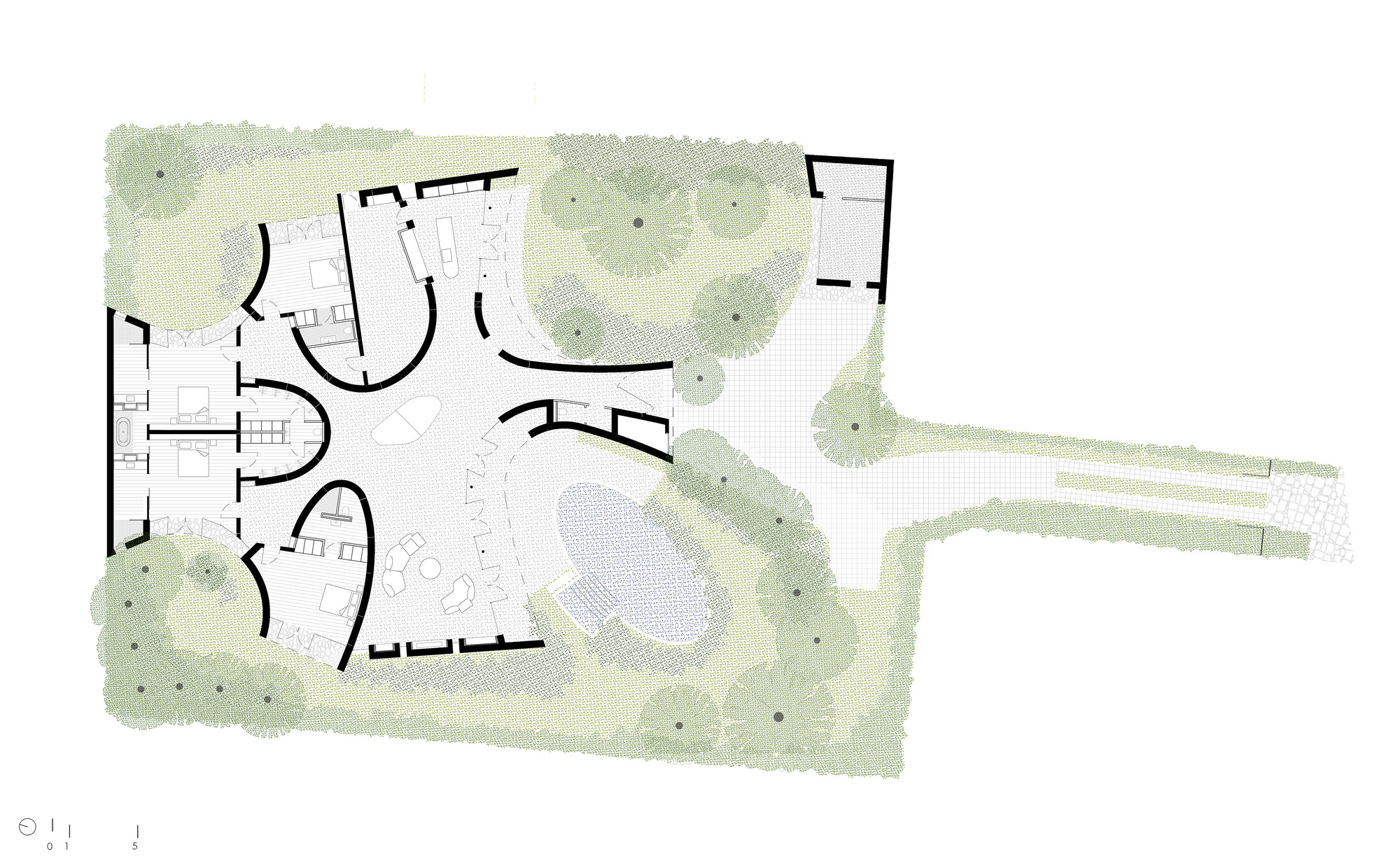 Site plan drawing showing curved building wings around a pool and landscape