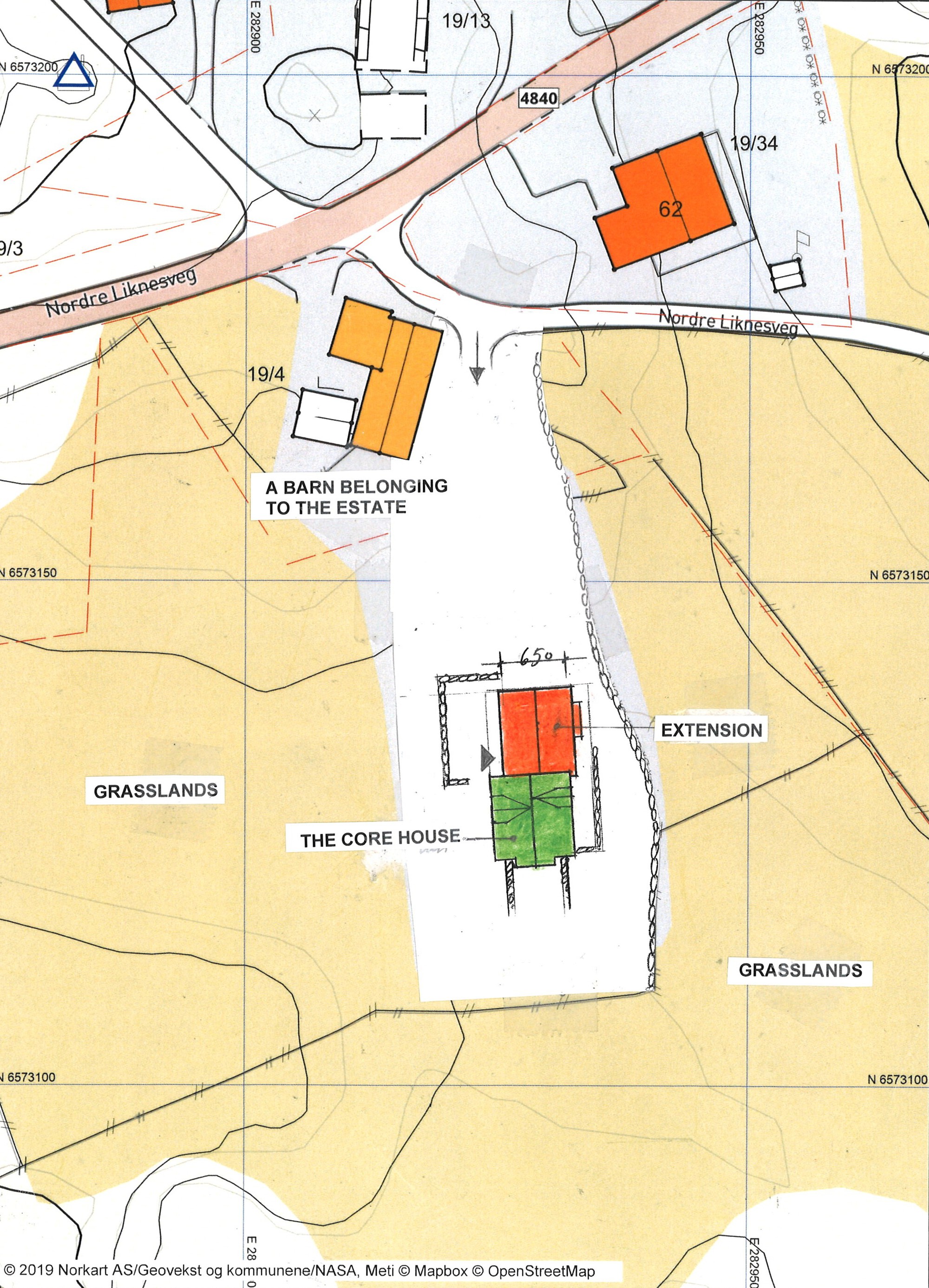 Site plan drawing showing building footprints with existing structure and extension on grassland parcel