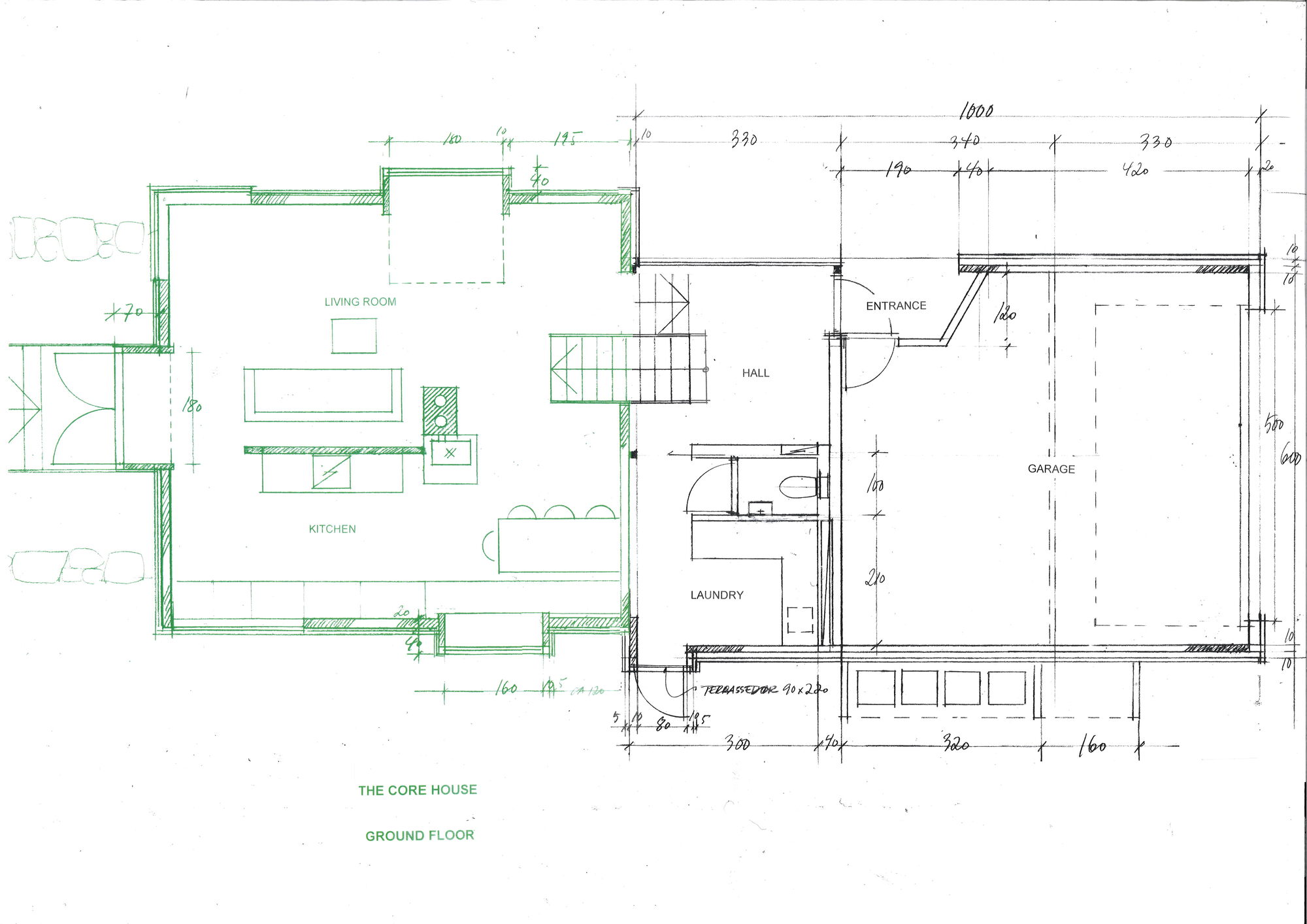 Ground floor plan drawing showing living room, kitchen, garage and central stair hall