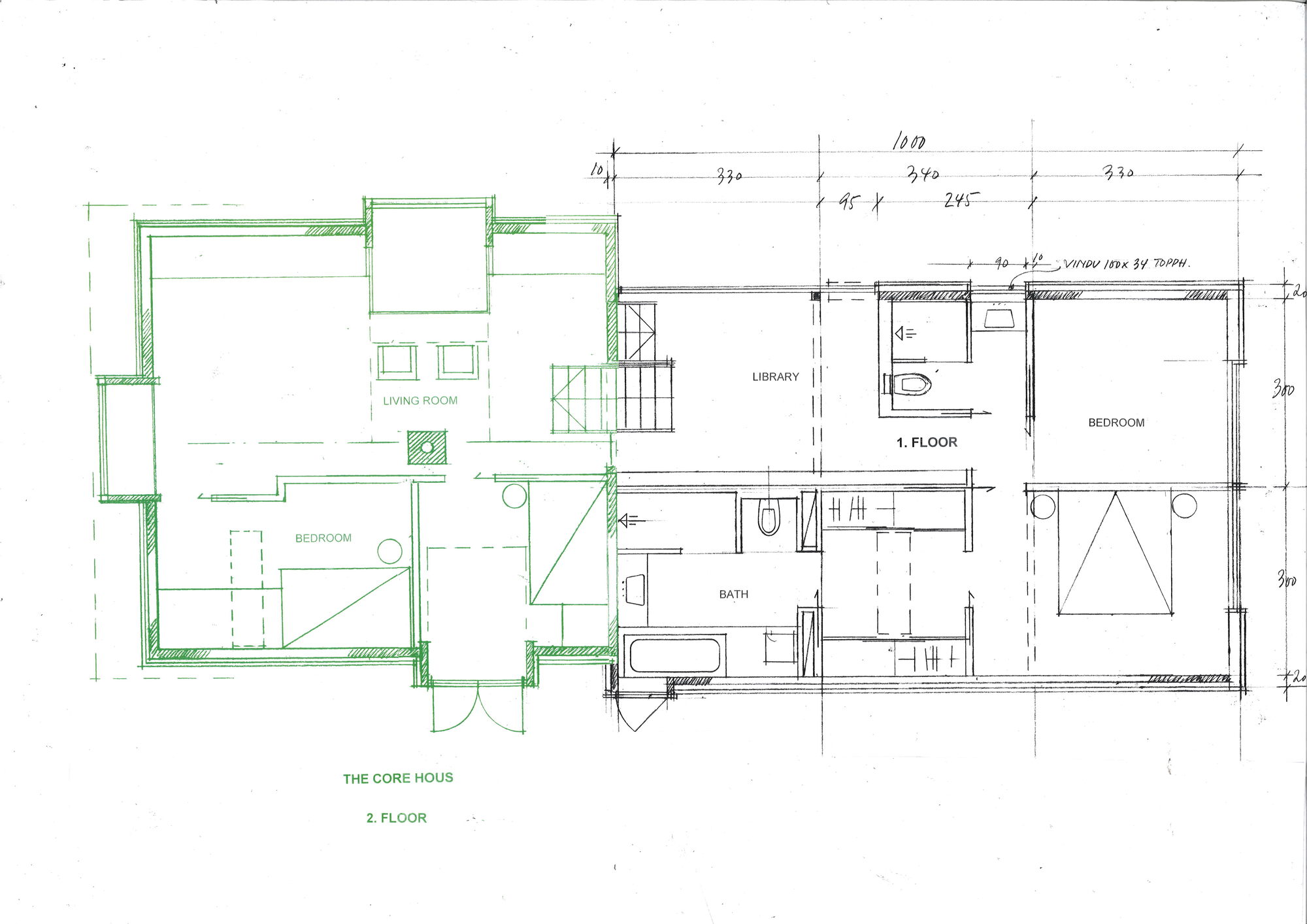 Second floor plan drawing showing bedrooms, library, bath and central staircase with annotated dimensions