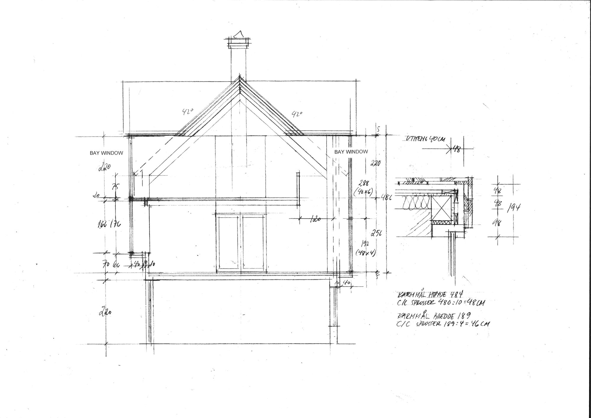 Section drawing through the gabled volume showing bay windows, chimney and timber framing details