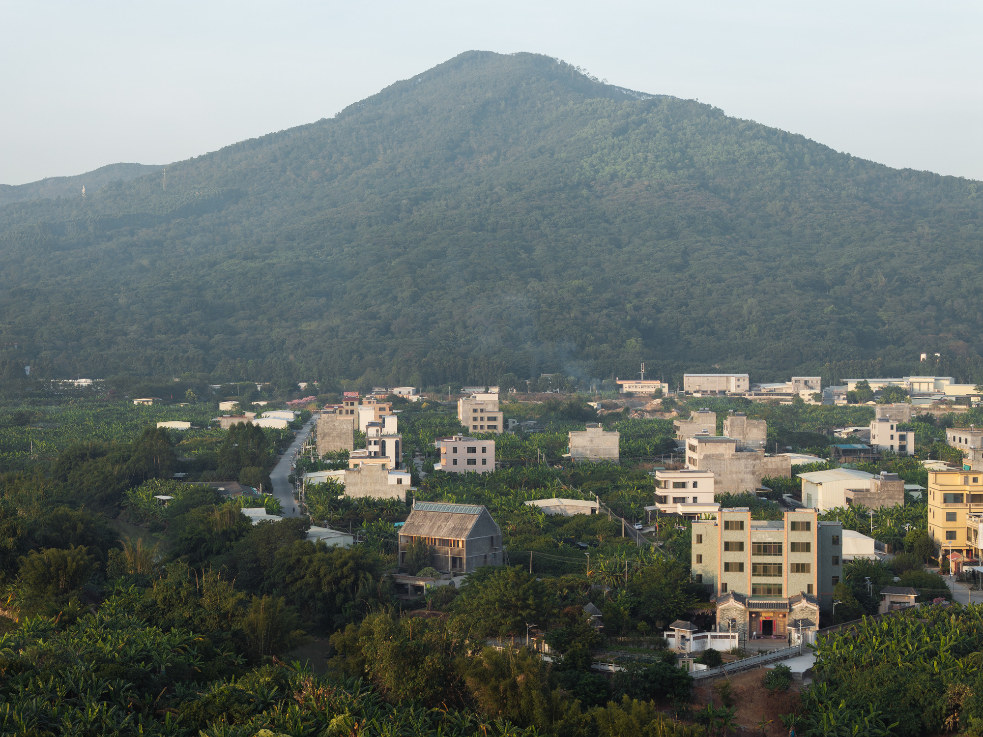 Aerial view of low-rise housing amid dense greenery with forested mountain backdrop