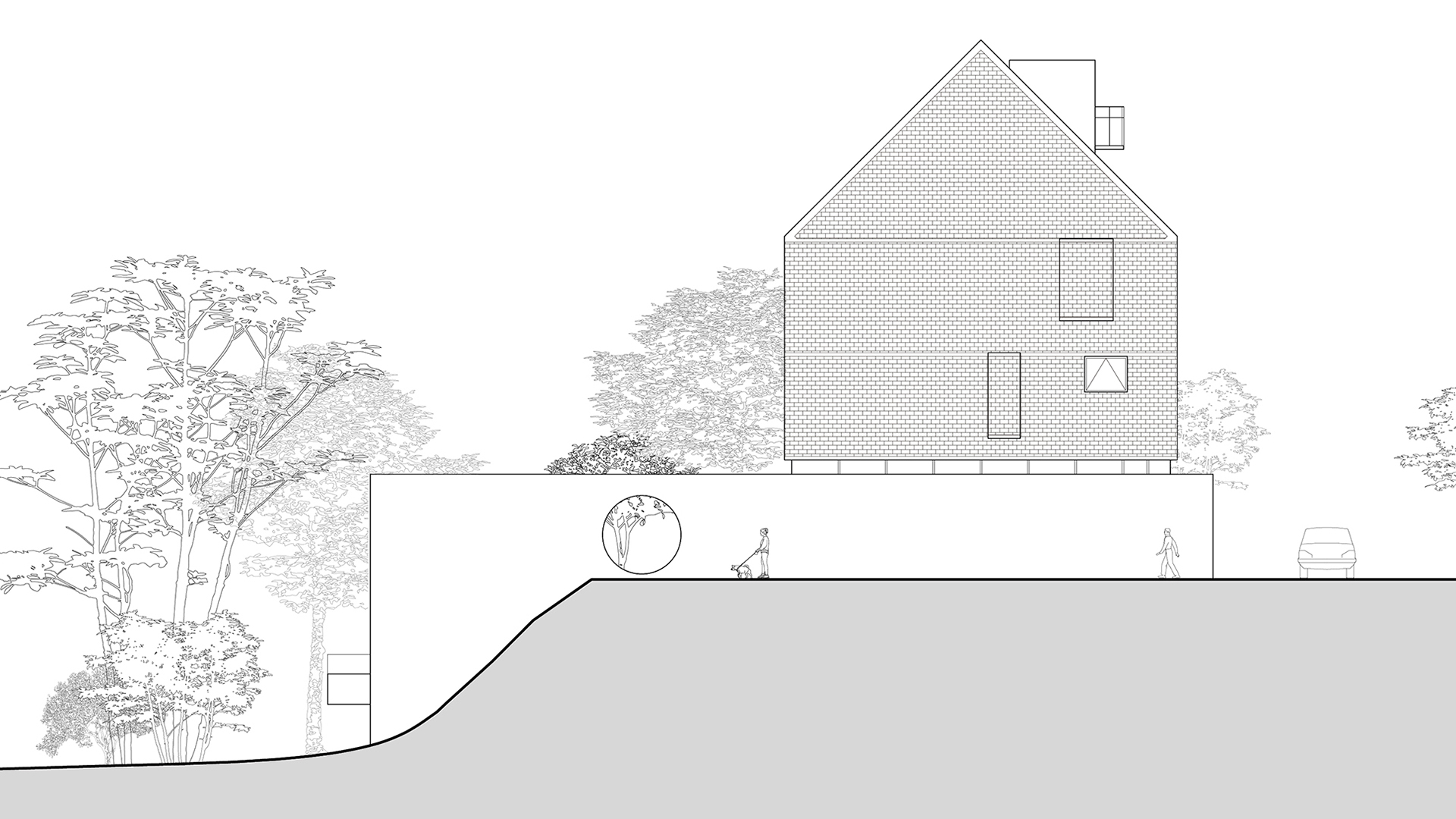 Section drawing showing a gabled house set on a sloped terrain with trees and a pedestrian figure