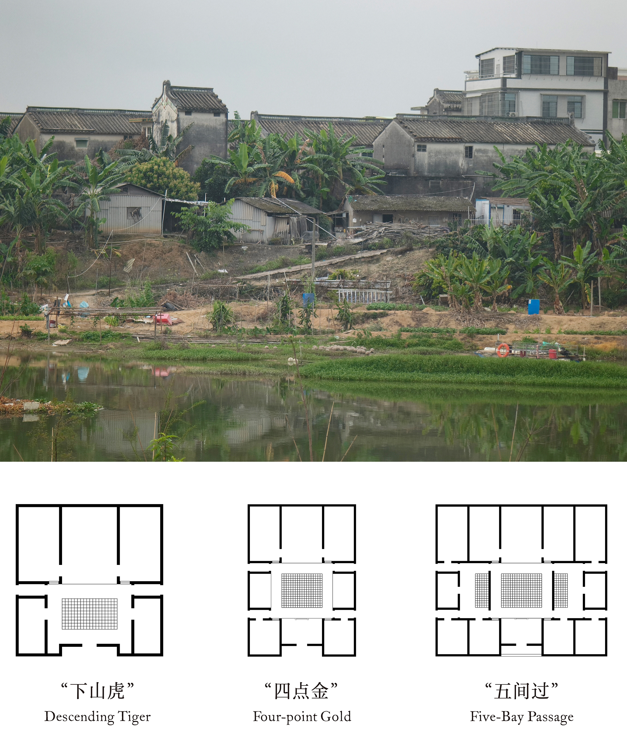 View across a pond toward clustered village houses and a newer multistory building under overcast skies