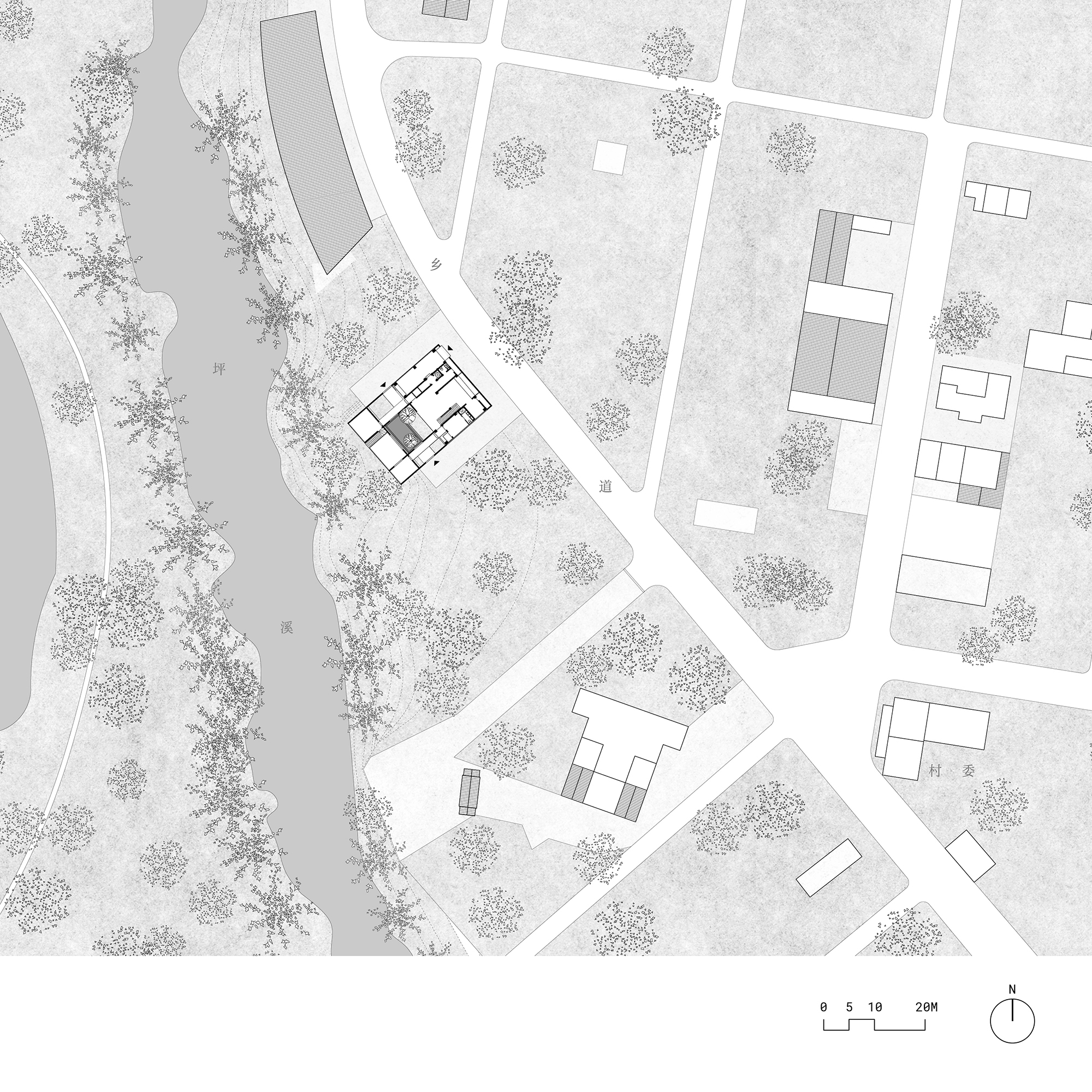 Site plan drawing showing a small building footprint among trees along a curving waterfront road