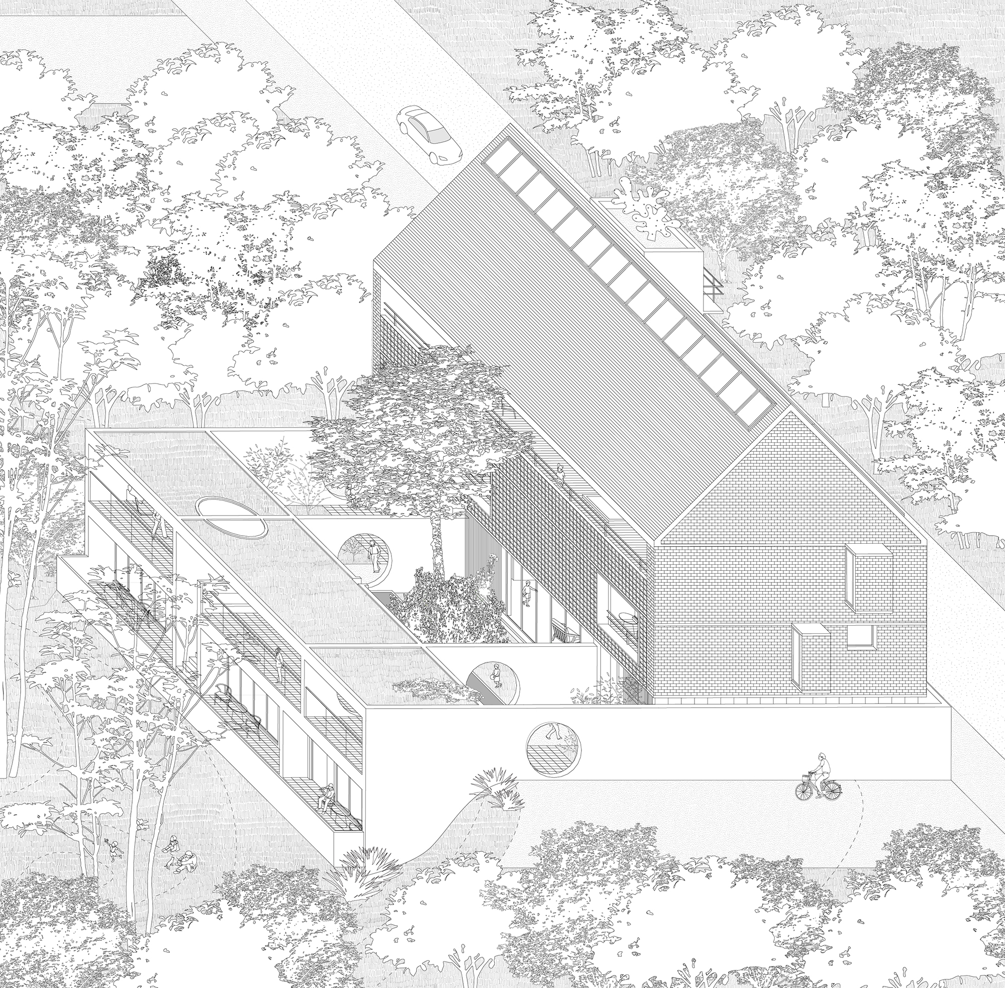 Axonometric drawing of a house with courtyards and terraces surrounded by rendered tree canopies