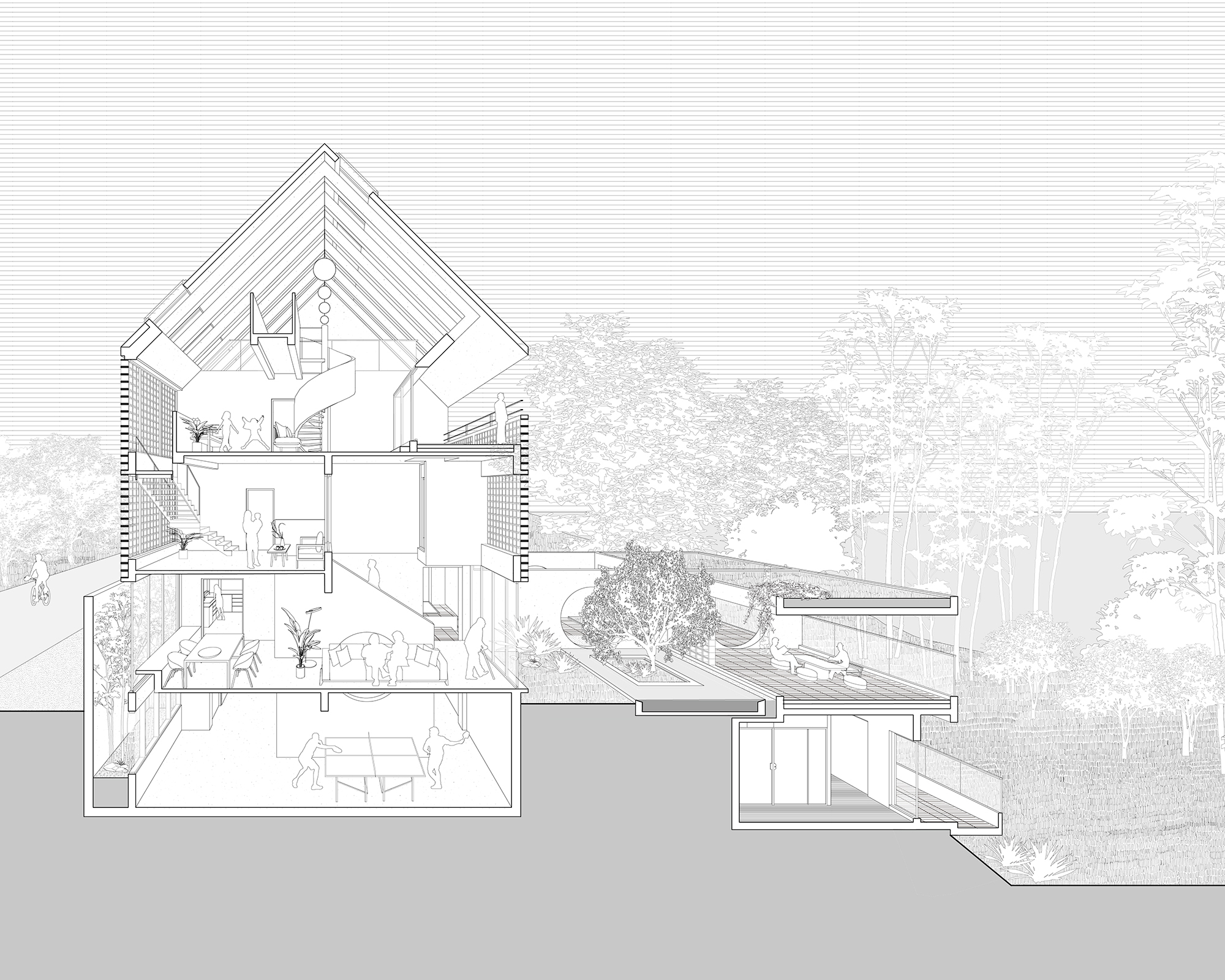 Section drawing revealing a multi-story residence with exposed roof framing and surrounding landscape vegetation