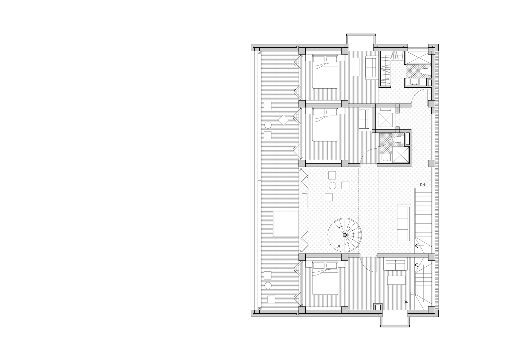 Floor plan showing bedroom arrangement around a central spiral staircase with exterior terrace access