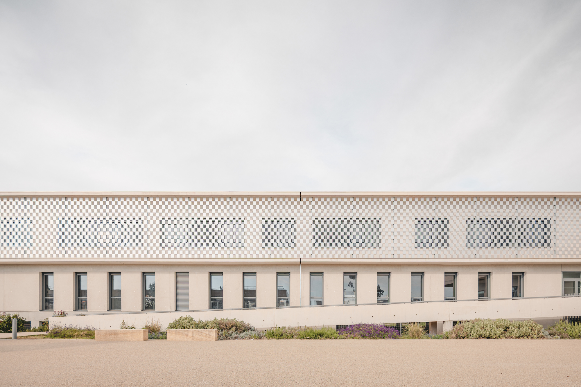 Facade with perforated upper screen and rhythmic window openings along the ground floor