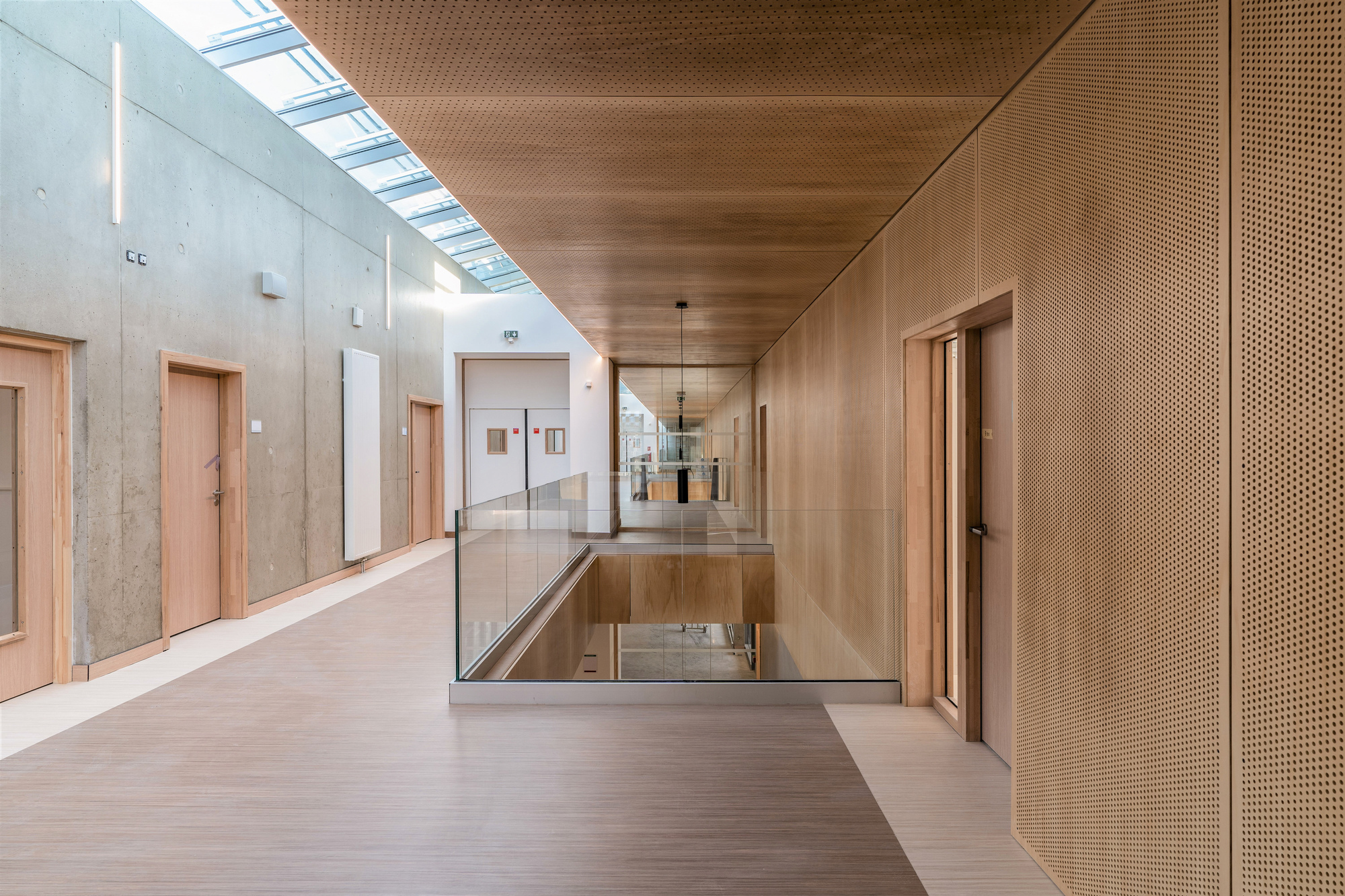 Glazed bridge opening spanning an interior void with perforated timber ceiling and exposed concrete walls