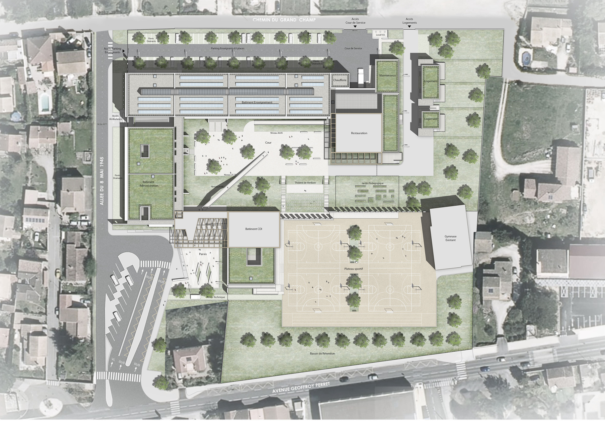 Site plan drawing showing the building footprint with courtyards, green spaces and surrounding aerial photograph context