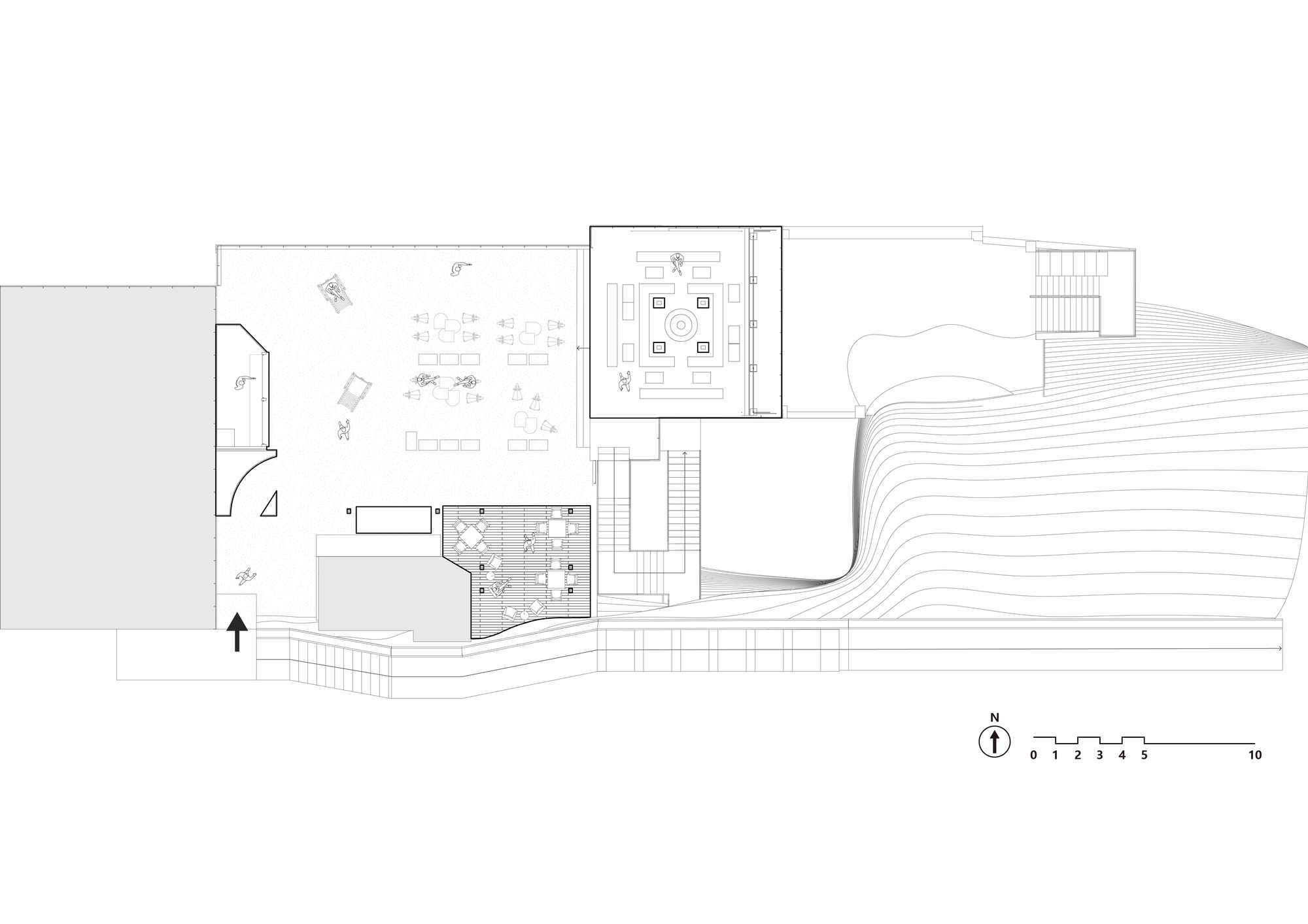 Site plan drawing showing interior spaces and stepped terraced landscape with contour lines