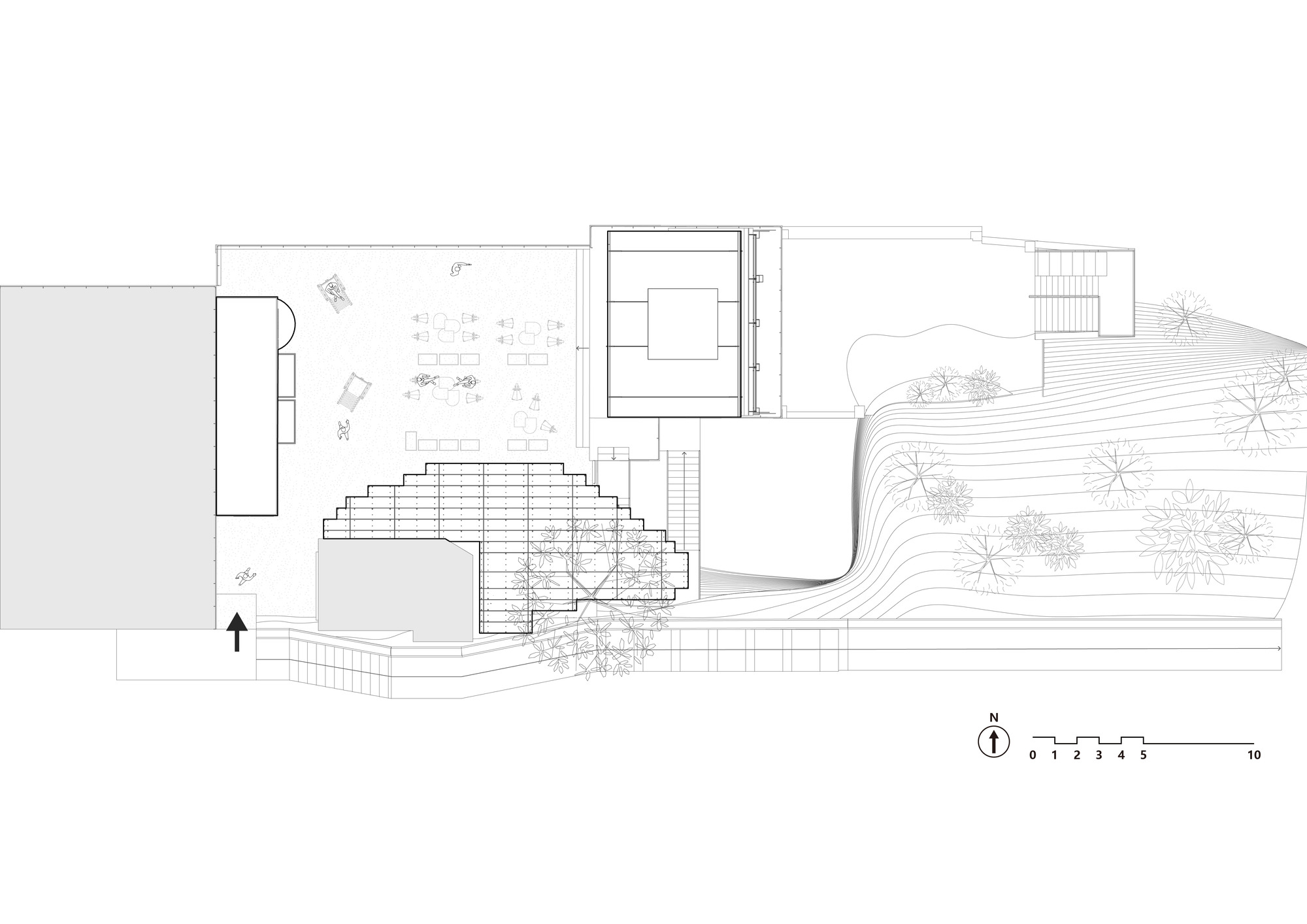 Site plan drawing showing stepped platform with trees and contoured topography