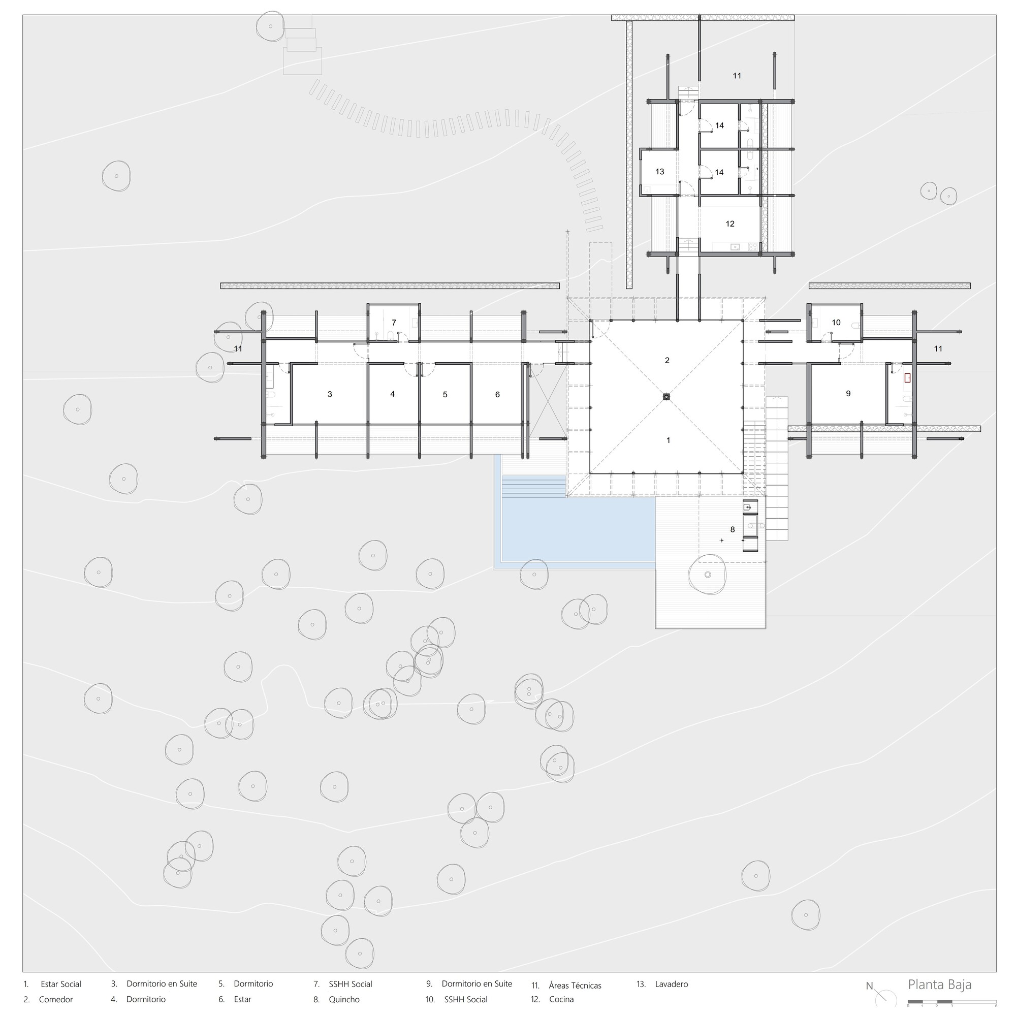 Ground floor plan showing linear wings radiating from central glazed pavilion with pool and scattered trees